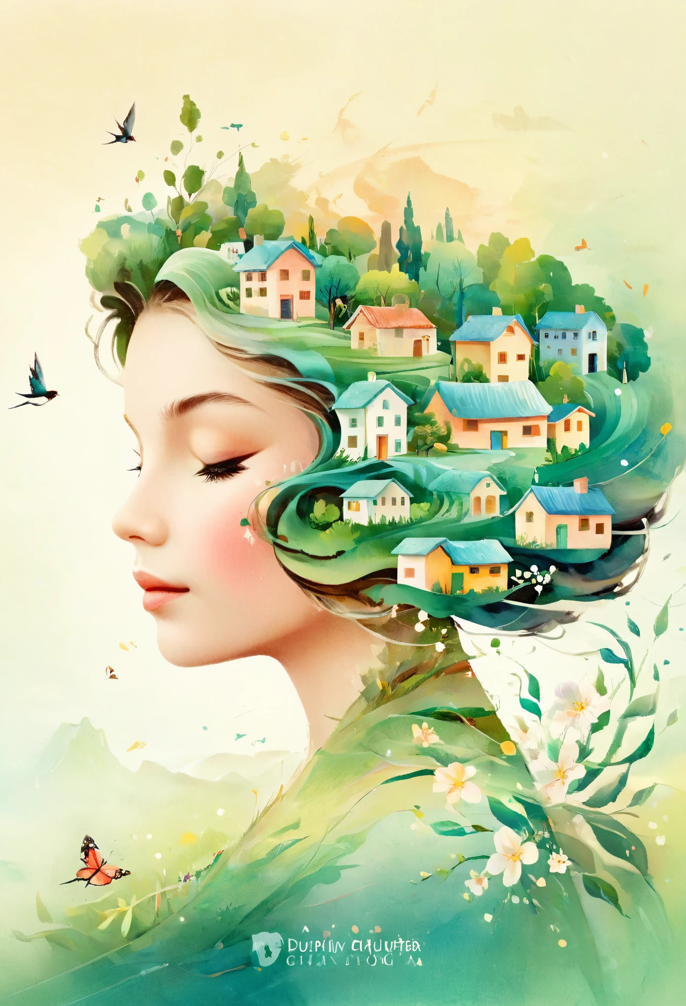 Digital Illustration Art, (Whimsical illustration of a  girl's head adorned with a lot of houses, trees, roots, swallows) with green trees and hills in the background, flanking, evoking the charm of a charming countryside landscape. The background blends with the littles hair and radiates serenity, creating a harmonious composition that captures the beauty of nature, white background, Chinese calligraphy whin brush lines, vivid Ferdinand du Puigaudeau, Victor nizovtsev, vintage tones, shimmering, luminescent, reflections, best number, 8K, HD, High Resolution.double exposure，illustration，Beautiful digital illustration, 