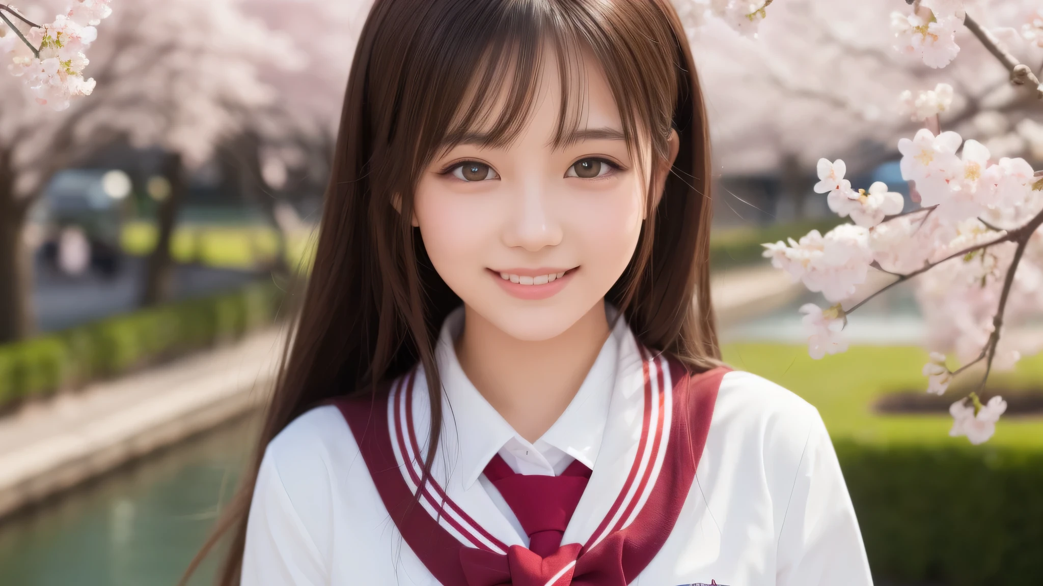 (1 girl), 18-year-old, (big round eyes), (cute dimples), enchanting smile, brown eyes, (high school uniform:1.2), (highest quality: 1.4), (Super detailed), (highest quality:1.4), (Super detailed), evening, very high resolution, (Upper body), close up face, school anime, anime illustration, Cherry tree, (street, city, River side)