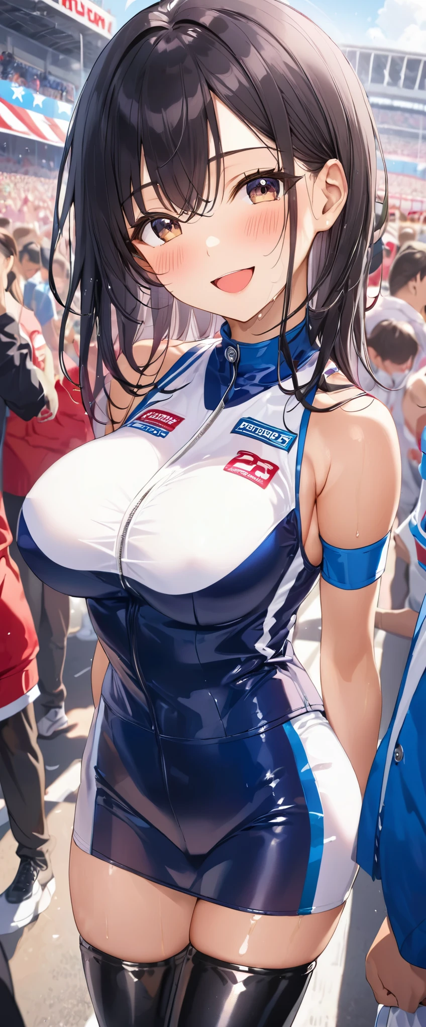 1 female,black hair,25 years old,(((Shiny race queen uniform with exposed belly button)))(((blush、open mouth smile)),(((straight hair))),(((portrait))),crowd,,(wet with sweat)(leather thigh high boots)(((beautiful breasts)))