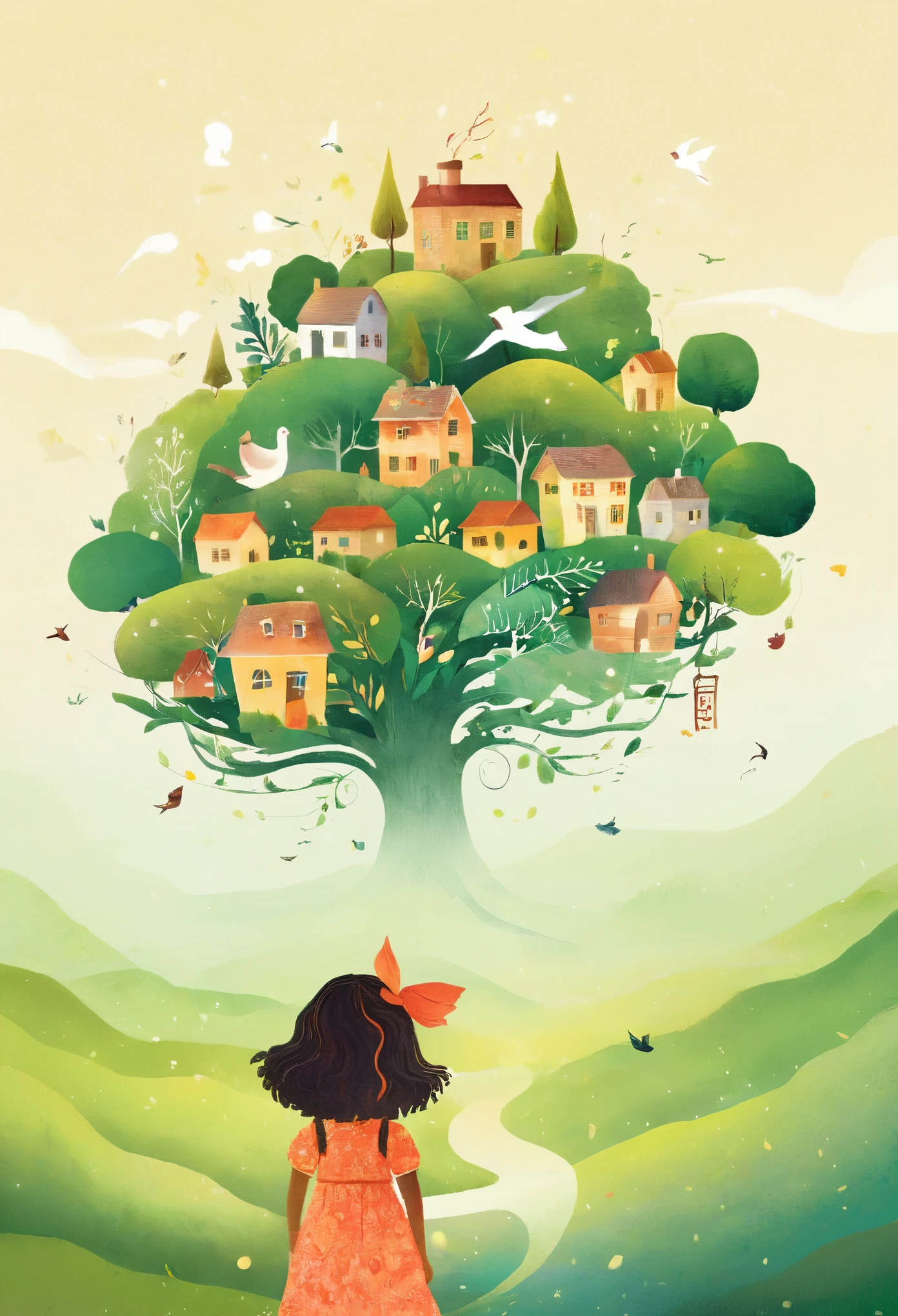 Digital Illustration Art, (Whimsical illustration of a ***********'s head adorned with a lot of houses, trees, roots, swallows) with green trees and hills in the background, flanking, evoking the charm of a charming countryside landscape. The background blends with the ***********'s hair and radiates serenity, creating a harmonious composition that captures the beauty of nature, white background, Chinese calligraphy whin brush lines, vivid Ferdinand du Puigaudeau, Victor nizovtsev, vintage tones, shimmering, luminescent, reflections, best number, 8K, HD, High Resolution.double exposure，illustration，Beautiful digital illustration, 