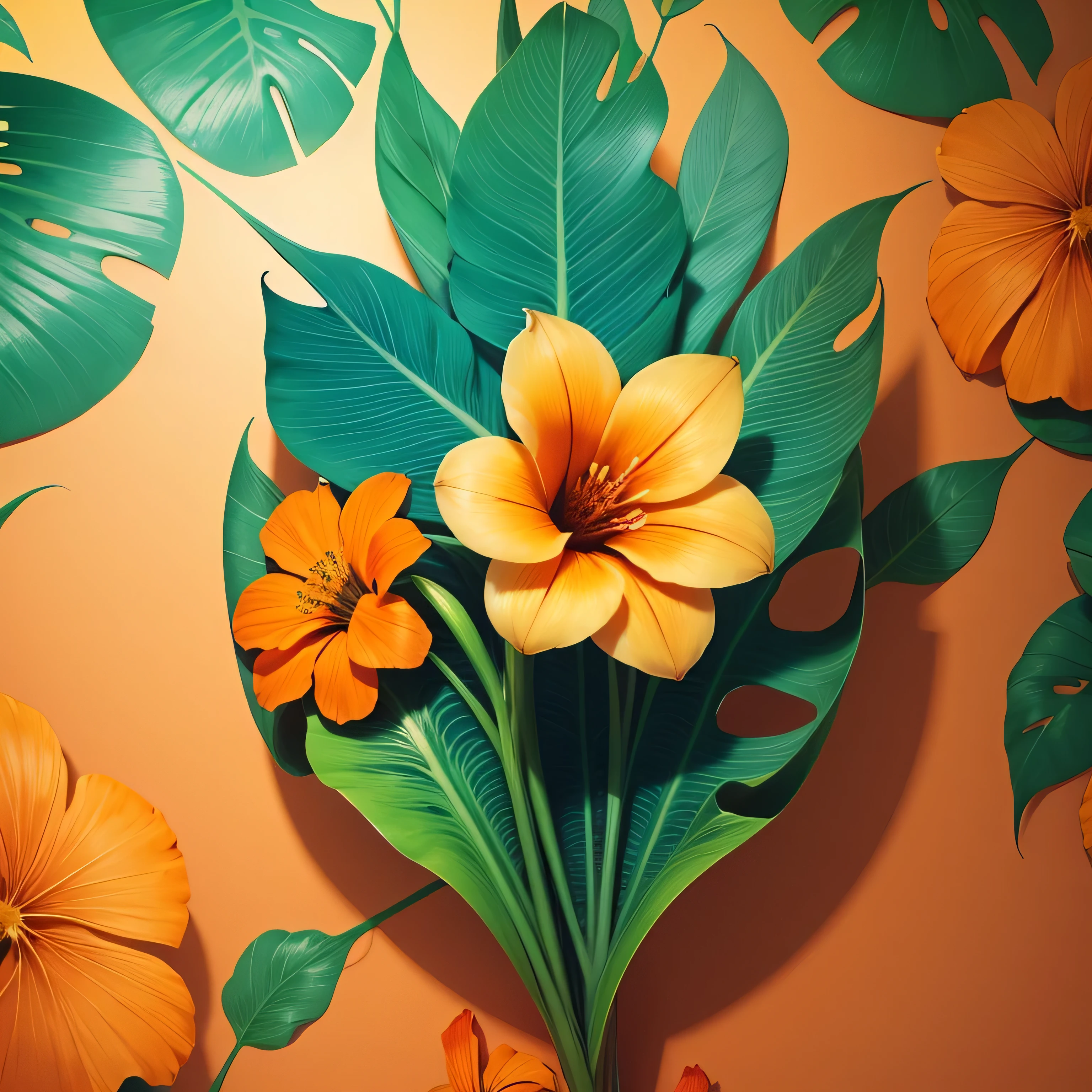 Hawaii flower, tropical taro leaf pattern, ultra hd, cyan and orange color, wallpaper