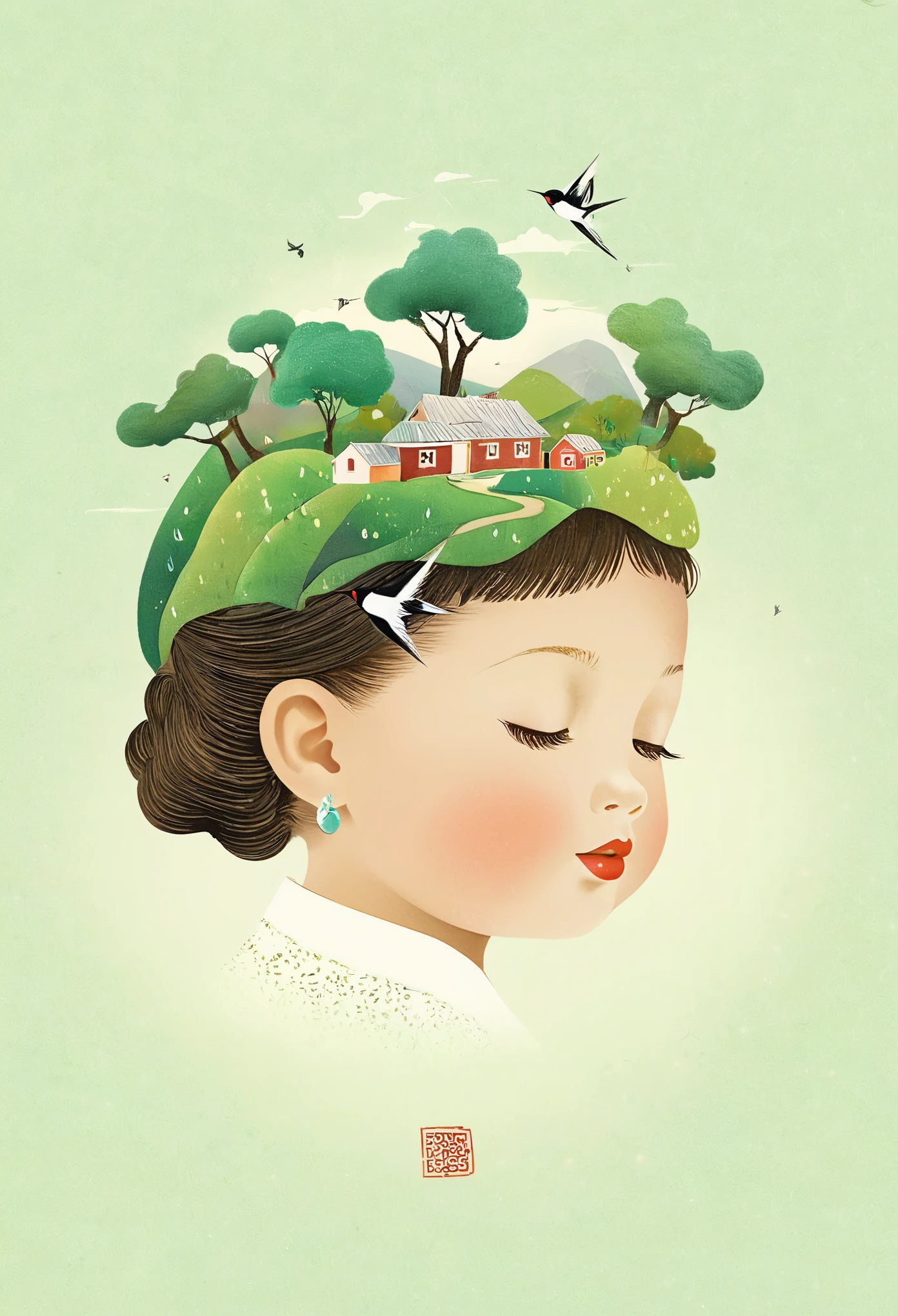 Digital illustration art,(profile portrait）， (a comical illustration of a ***********'s head adorned with houses, trees, roots, swallows, etc.), with hair composed of houses, trees, roots, swallows, etc., and a background of green trees and hills, surrounded on both sides, evoking the charm of a charming rural landscape. The background blends with the ***********'s hair,
White background, the whimpering sound of Chinese calligraphy, vivid Ferdinand du Puigaudeau, Victor nizovtsev, retro tone, sparkling, glowing, reflective, best number, 8K, high-definition, high-resolution. Double exposure, illustrations, beautiful digital illustrations,