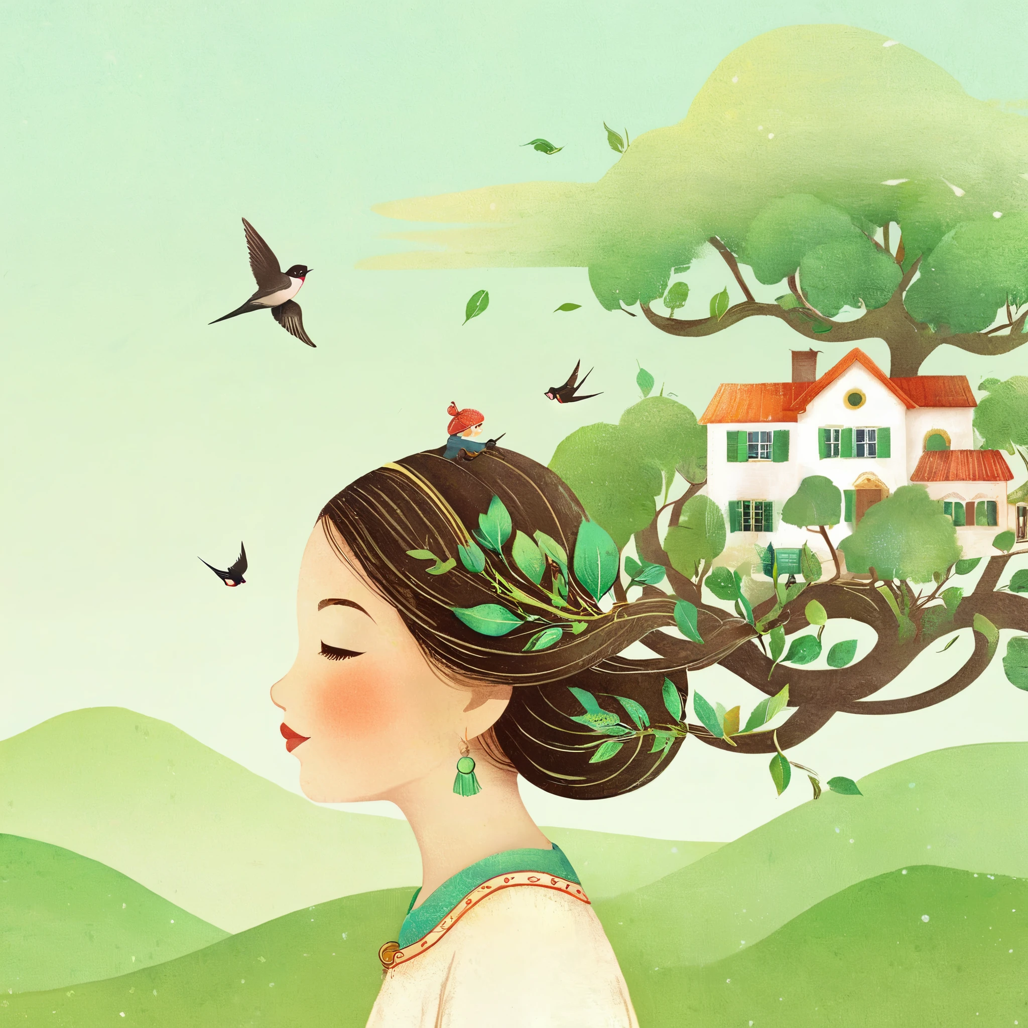 Digital Illustration Art, (Whimsical illustration of a ***********'s head adorned with houses, trees, roots, swallows) with green trees and hills in the background, flanking, evoking the charm of a charming countryside landscape. The background blends with the ***********'s hair and radiates serenity, creating a harmonious composition that captures the beauty of nature, white background, Chinese calligraphy whin brush lines, vivid Ferdinand du Puigaudeau, Victor nizovtsev, vintage tones, shimmering, luminescent, reflections, best number, 8K, HD, High Resolution.double exposure，illustration，Beautiful digital illustration, 