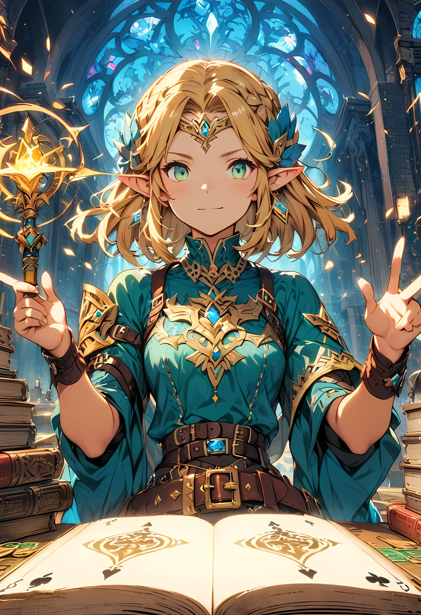Extremely crazy and exquisite details,princess zelda, 1 girl, artist request, belt, blonde hair, blue shirt, Book, boots, poker face, whole body, green eyes, High resolution, looking at the audience, magic, Nintendo, Pants, pointed ears, shirt, short hair, Simple background, alone, The Legend of Zelda, The Legend of Zelda: Wild breath, The Legend of Zelda: kingdom of tears, flower made of light, magic
