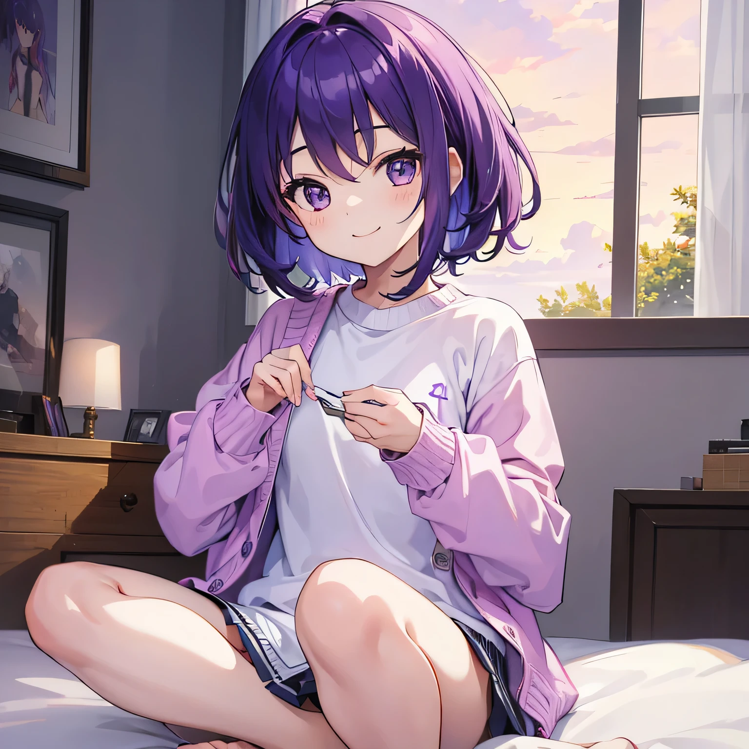 (T Masterpiece,4K wallpaper,Best Quality))、((girl1people))、(solo)、Bright and Brilliant,(Purple Hair)、(Shortcuts:1.3)、smile、Bedroom、sweater、morning