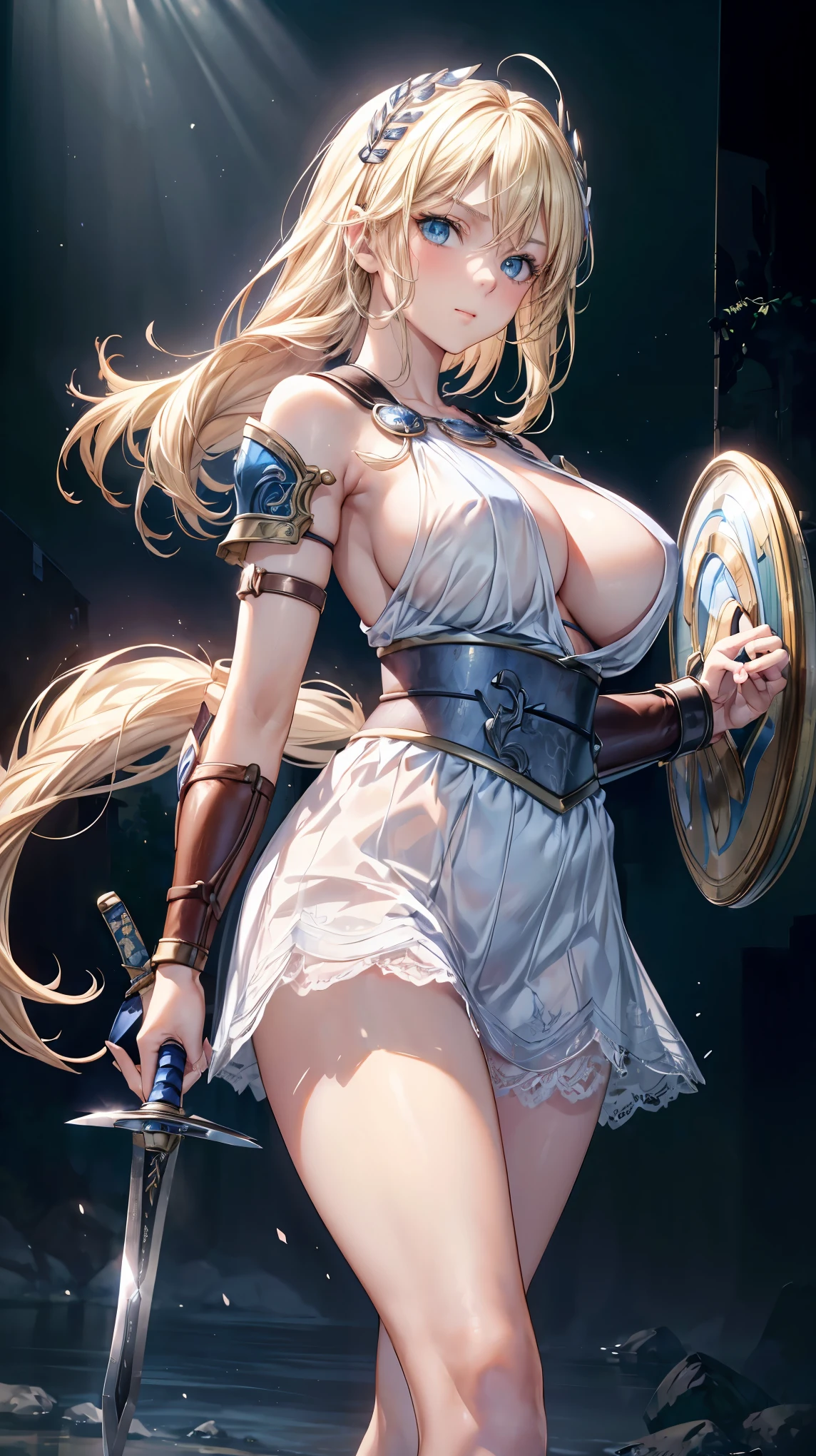 sensual, long blonde hair, thick thighs, 8K, 4k, highest quality, (High resolution:1.6), cute anime face, noise reduction, shining blue eyes, gentle smile, kind eyes、toned abdominal muscles, muscular arms, muscular legs, young face, anime eyes, Sophitia Alexandra、(holding a sword in the right hand:1.5)、(Equipped with a shield on the left arm:1.5)、(SFW huge body)、(beautiful nose:1.5)