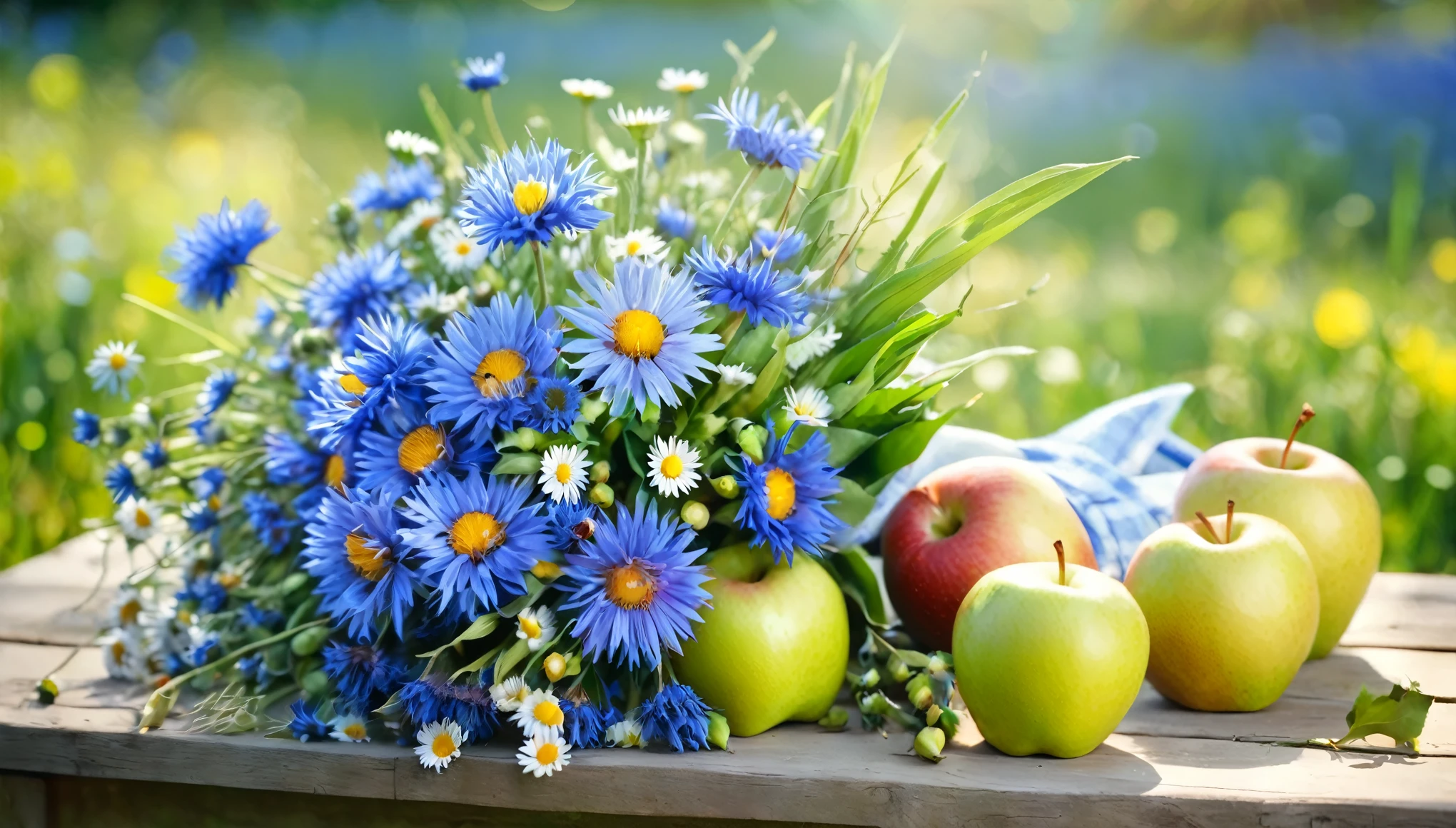 a cute bouquet of cornflowers and daisies , apples pears lie nearby, rural idyll, sunlight, summer, beautiful bokeh, masterprice, Pinterest photo, 16k,