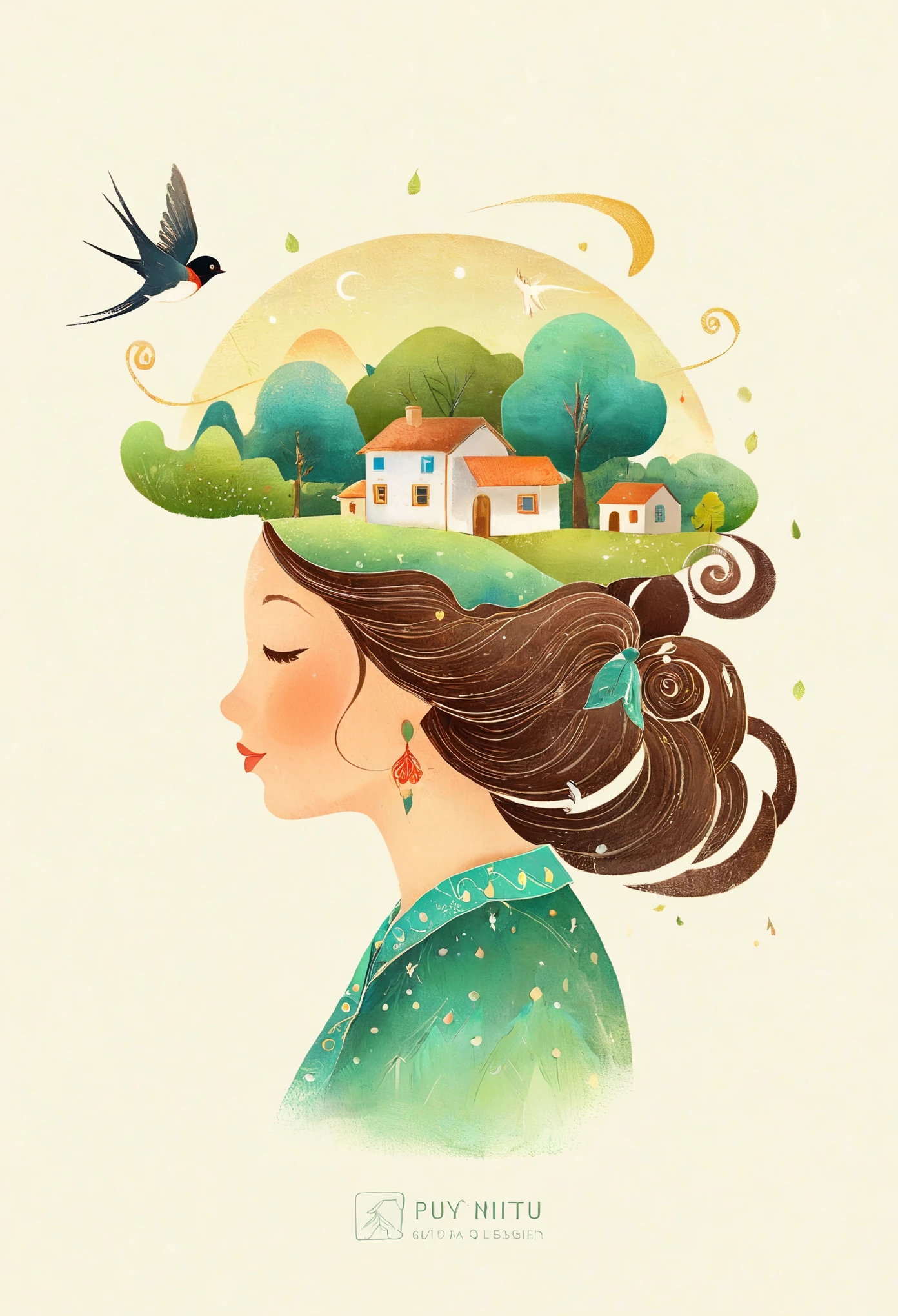 Digital Illustration Art, (Whimsical illustration of a ***********'s head adorned with a lot of houses, trees, roots, swallows) with green trees and hills in the background, flanking, evoking the charm of a charming countryside landscape. The background blends with the ***********'s hair and radiates serenity, creating a harmonious composition that captures the beauty of nature, white background, Chinese calligraphy whin brush lines, vivid Ferdinand du Puigaudeau, Victor nizovtsev, vintage tones, shimmering, luminescent, reflections, best number, 8K, HD, High Resolution.double exposure，illustration，Beautiful digital illustration, 