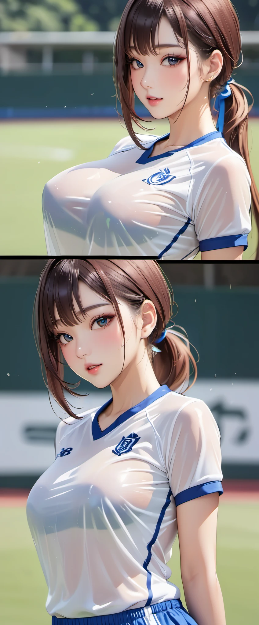 (masterpiece,highest quality,超A high resolution),japanese woman, (((very beautiful 20 year old girl))), pretty girl、look at the photographer、 ((beautiful low ponytail)), super cute face, glossy lips, double eyelids in both eyes,natural smile、 natural makeup, long eyelashes, Shiny and smooth hair、center image, perfect limbs, perfect anatomy,(((soccer uniform)))、(wet with sweat),,beautiful breasts,See-through,,turn around and look back
