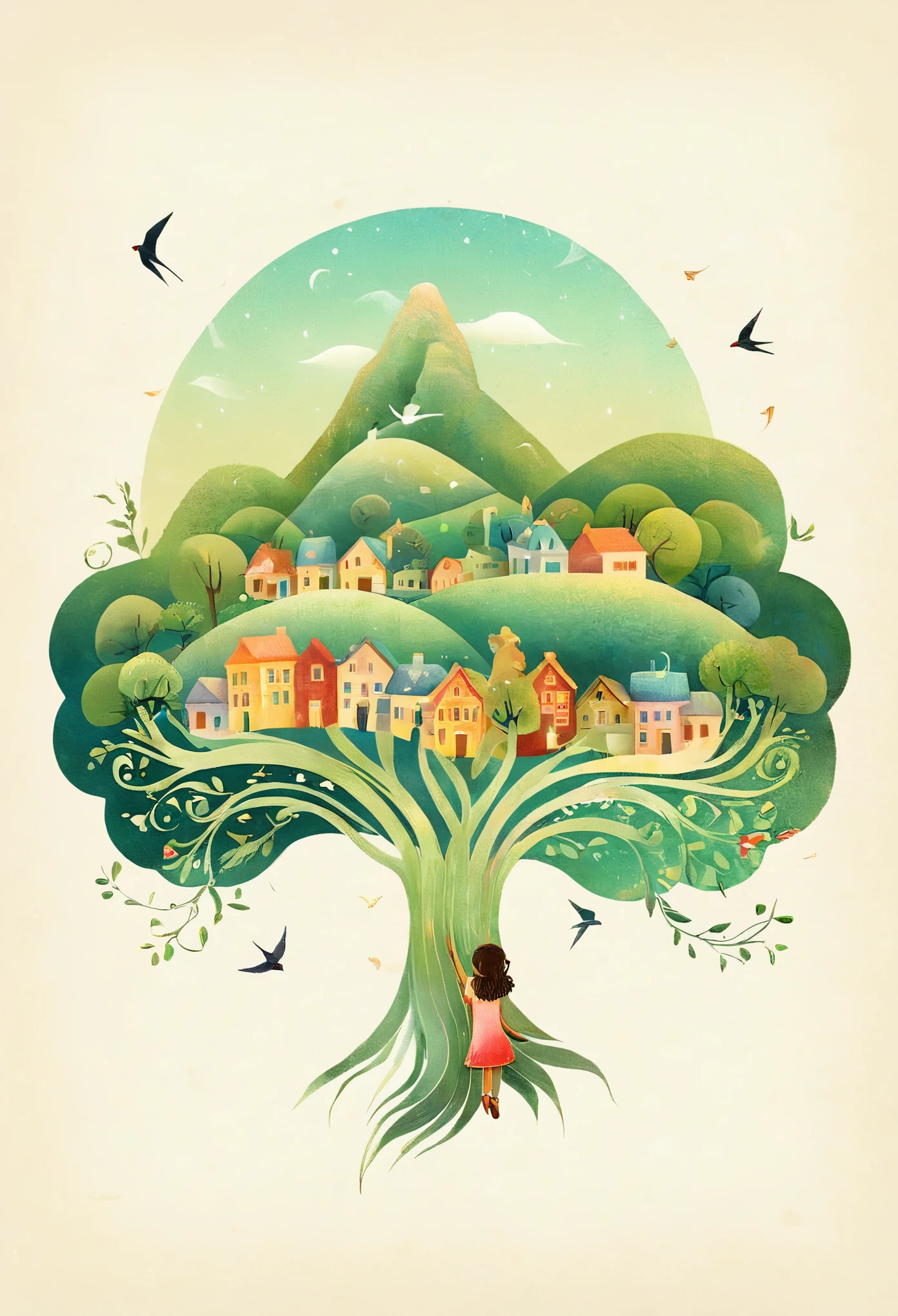 Digital Illustration Art, (Whimsical illustration of a little girl's head adorned with a lot of houses, trees, roots, swallows) with green trees and hills in the background, flanking, evoking the charm of a charming countryside landscape. The background blends with the little girl's hair and radiates serenity, creating a harmonious composition that captures the beauty of nature, white background, Chinese calligraphy whin brush lines, vivid Ferdinand du Puigaudeau, Victor nizovtsev, vintage tones, shimmering, luminescent, reflections, best number, 8K, HD, High Resolution.double exposure，illustration，Beautiful digital illustration, 