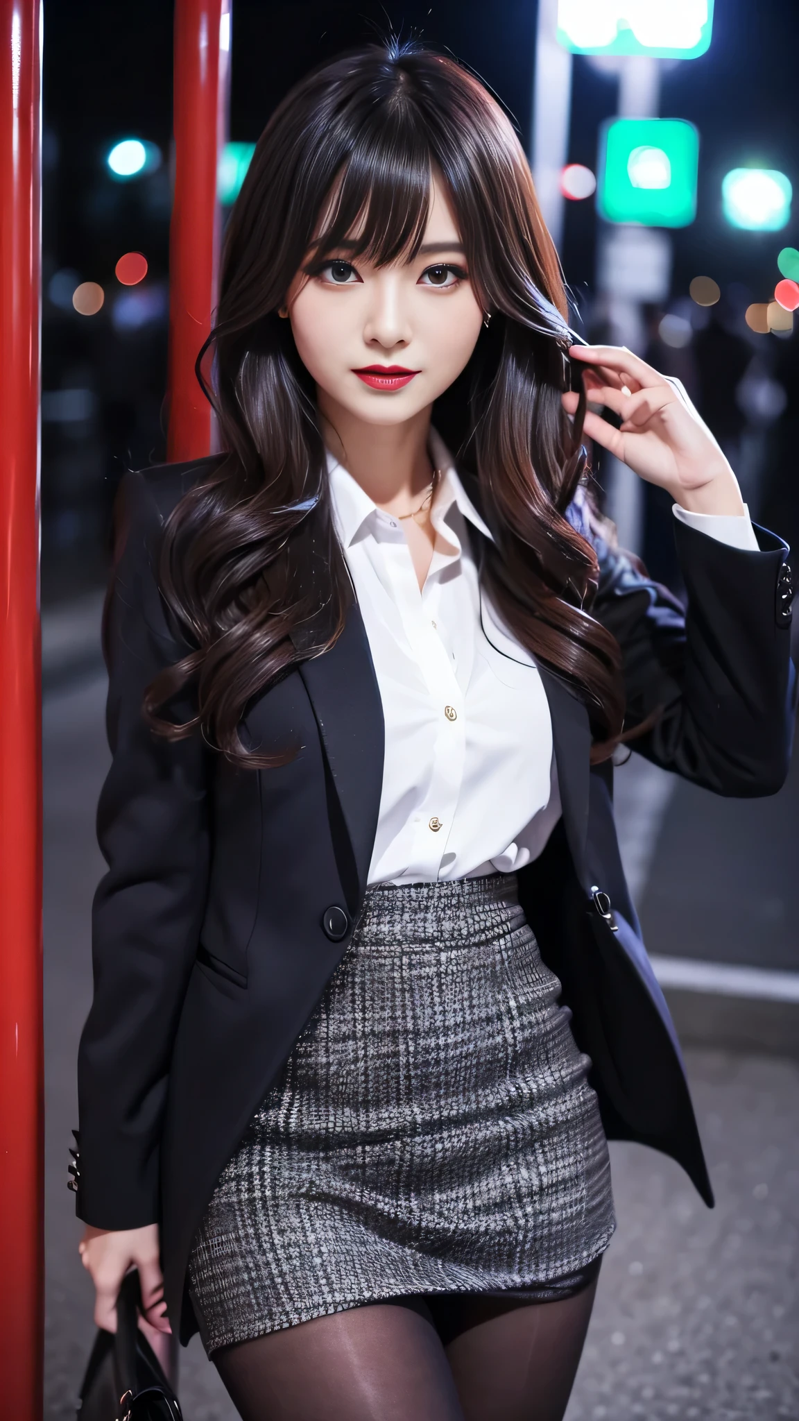 Super detailed、Japanese、charming beauty、seductive adult woman、Beautiful woman、sharp eyes、cool girl、wavy hair、flowing bangs、suit、Jacket、blouse、Tight Skirt、pantyhose、wear fishnet tights、beautiful feet、evilの幹部、evil depravity、brainwashing、Mind control、lipstick、grin、evilな表情、evil、empty eyes、evil、night walk、vampire、Succubus、vampire、