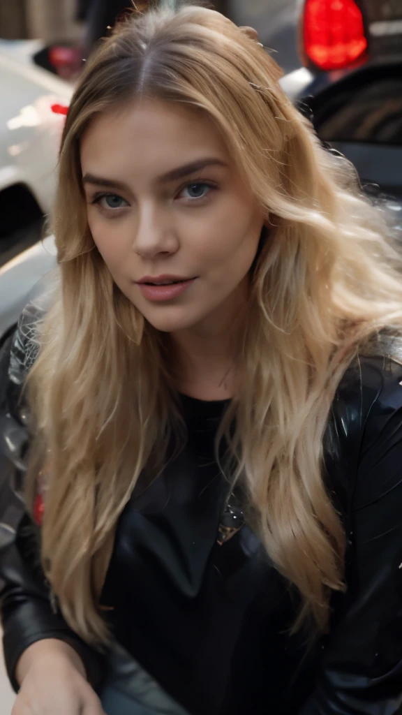 blonde with long hair next to a Lamborghini