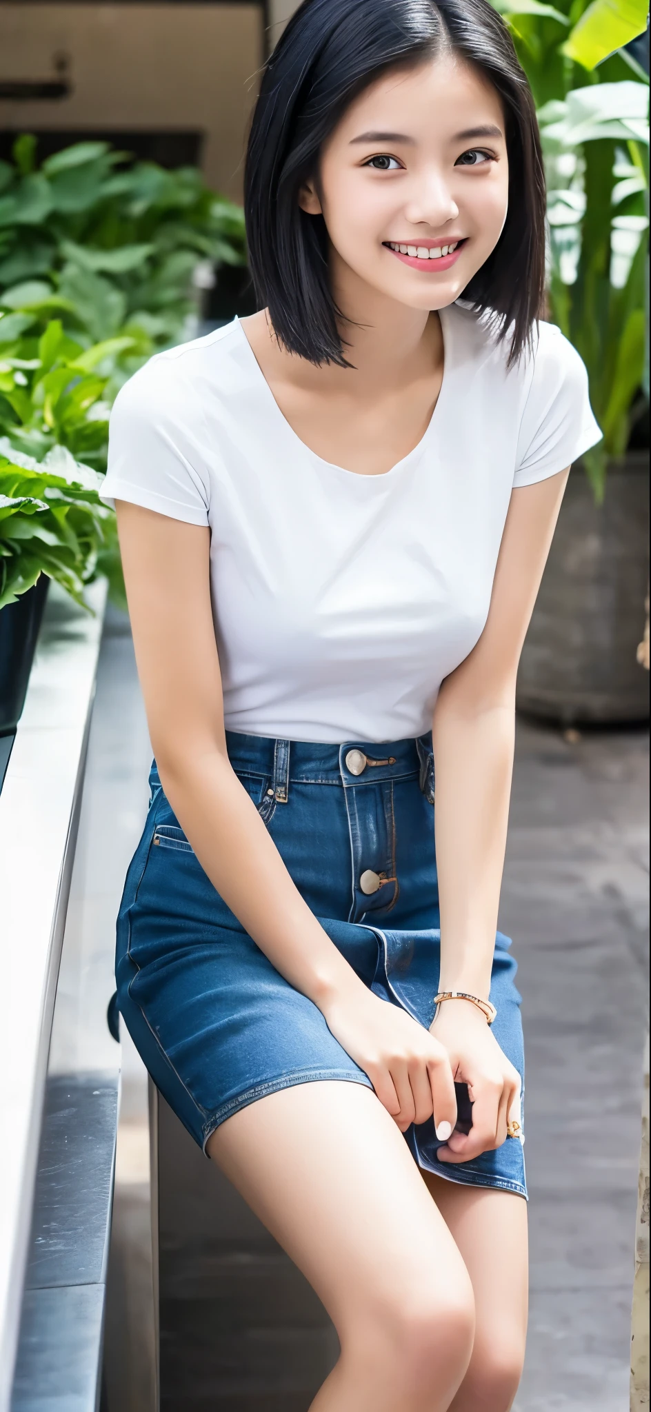 1 girl, indonesian girl, 23 years old, (black hair semi-long)(beautiful hair), actress, smile, shiny skin, best quality, masterpiece, (photorealistic:1.4), terrace seating, asian, indonesian, jakarta, denim mini skirt (realistic fabric), white short sleeves (cotton fabric), (no logo), thin fingers