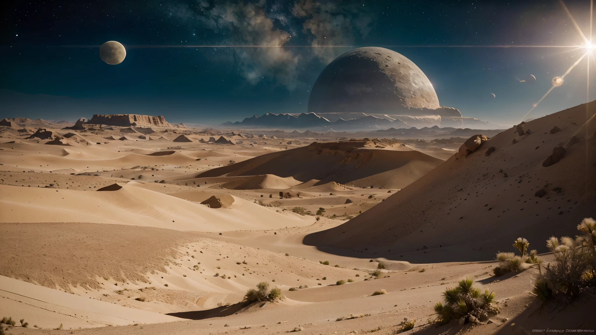 8K masterpiece, ((Scene with sunlight)), ((soft light)) that&#39;Daytime on a completely desert planet、The sky is full of two moons and large spaceships with complex structures。, Skyscape, stars and nebulas