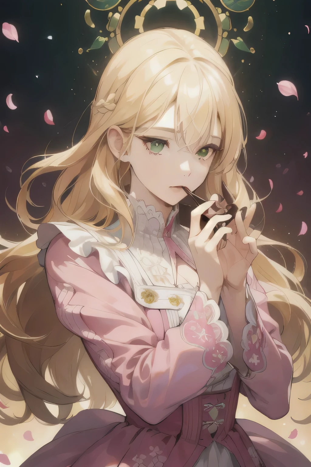(confused, High resolution, Super detailed), 1 girl, mature woman, wavy blonde hair, long hair, dull bangs, green eyes, pink dress, small eyes and small face, Highly detailed CG Unity 8K wallpaper, intricate details, break , kaleidoscopic images, symmetrical pattern, bright colors, geometric shapes, attractive design, optical illusion, dynamic composition break , pantomime art, expressive body language, quiet story, evocative gesture, visual story, theatrical performances break , blooming flowers, colorful petals, Fragrant aroma, blessings of nature, Bustling Gardens, peaceful scenery,tobacco,chocolate