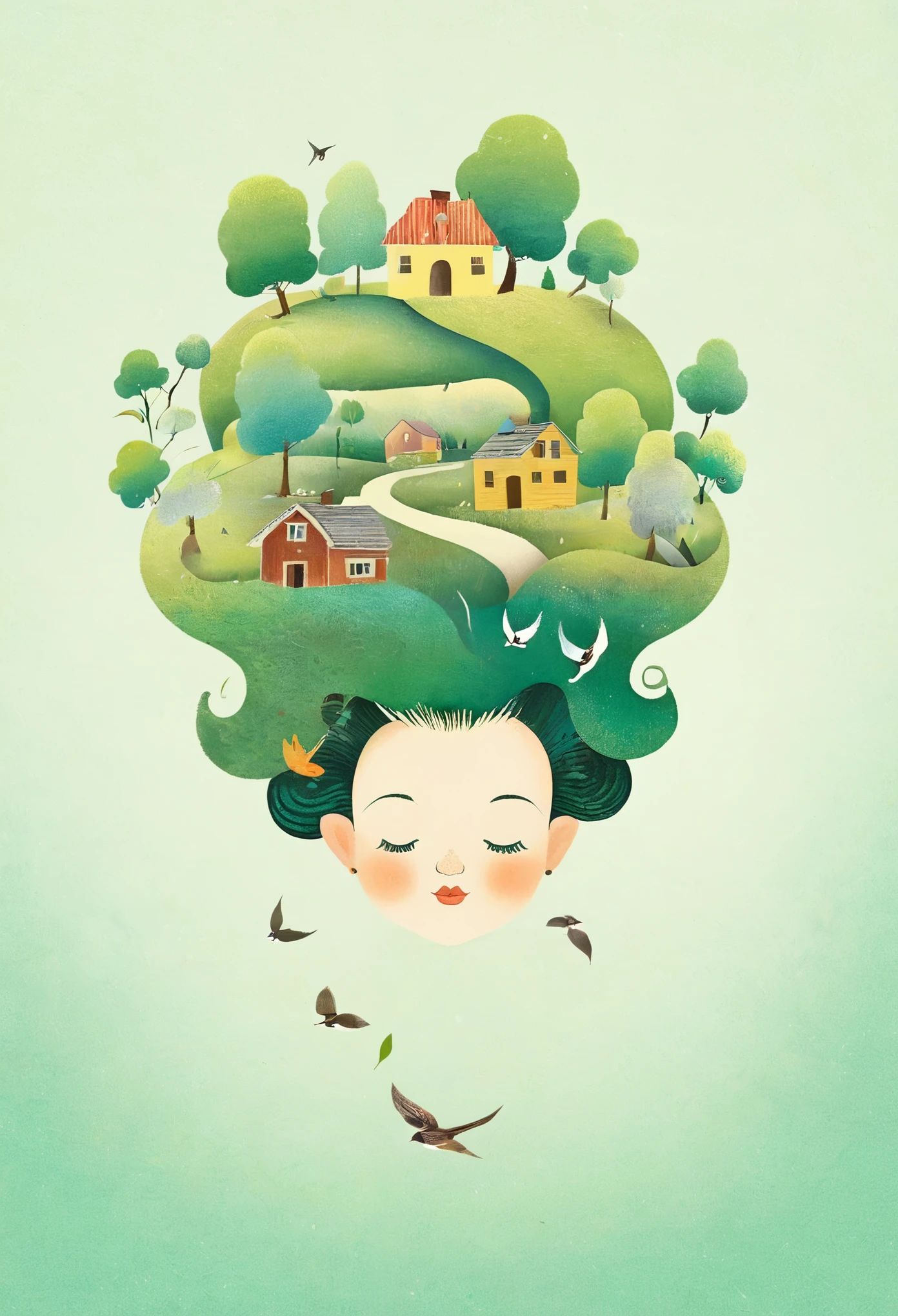 Digital illustration art (a comical illustration of a ***********'s head adorned with houses, trees, roots, swallows, etc.), with hair composed of houses, trees, roots, swallows, etc., and a background of green trees and hills, surrounded on both sides, evoking the charm of a charming rural landscape. The background blends with the ***********'s hair,
White background, the whimpering sound of Chinese calligraphy, vivid Ferdinand du Puigaudeau, Victor nizovtsev, retro tone, sparkling, glowing, reflective, best number, 8K, high-definition, high-resolution. Double exposure, illustrations, beautiful digital illustrations,