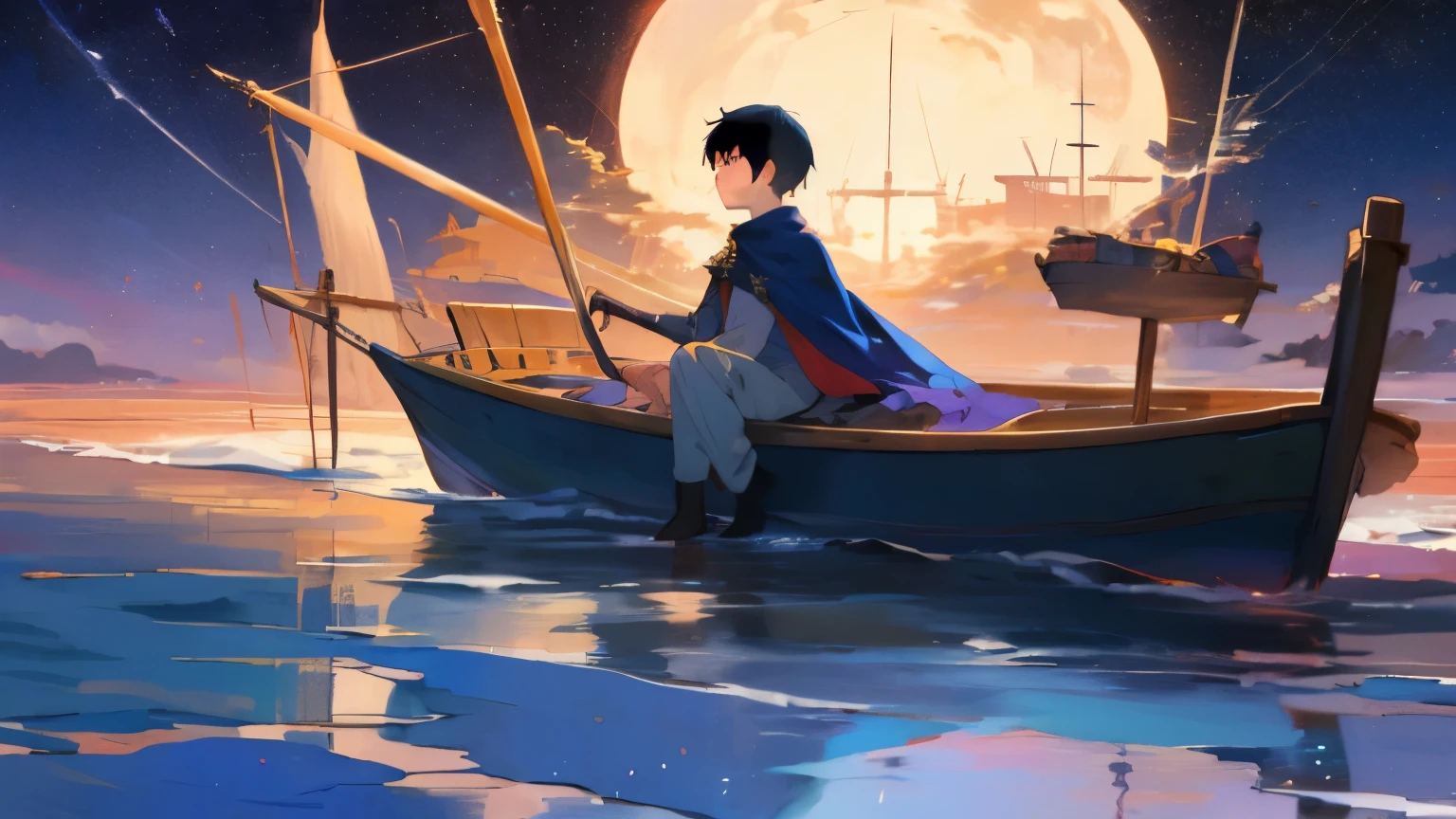 boy sitting on boat, sword in hand, cape, , High resolution, Stars and sea, vista, romantic, Small