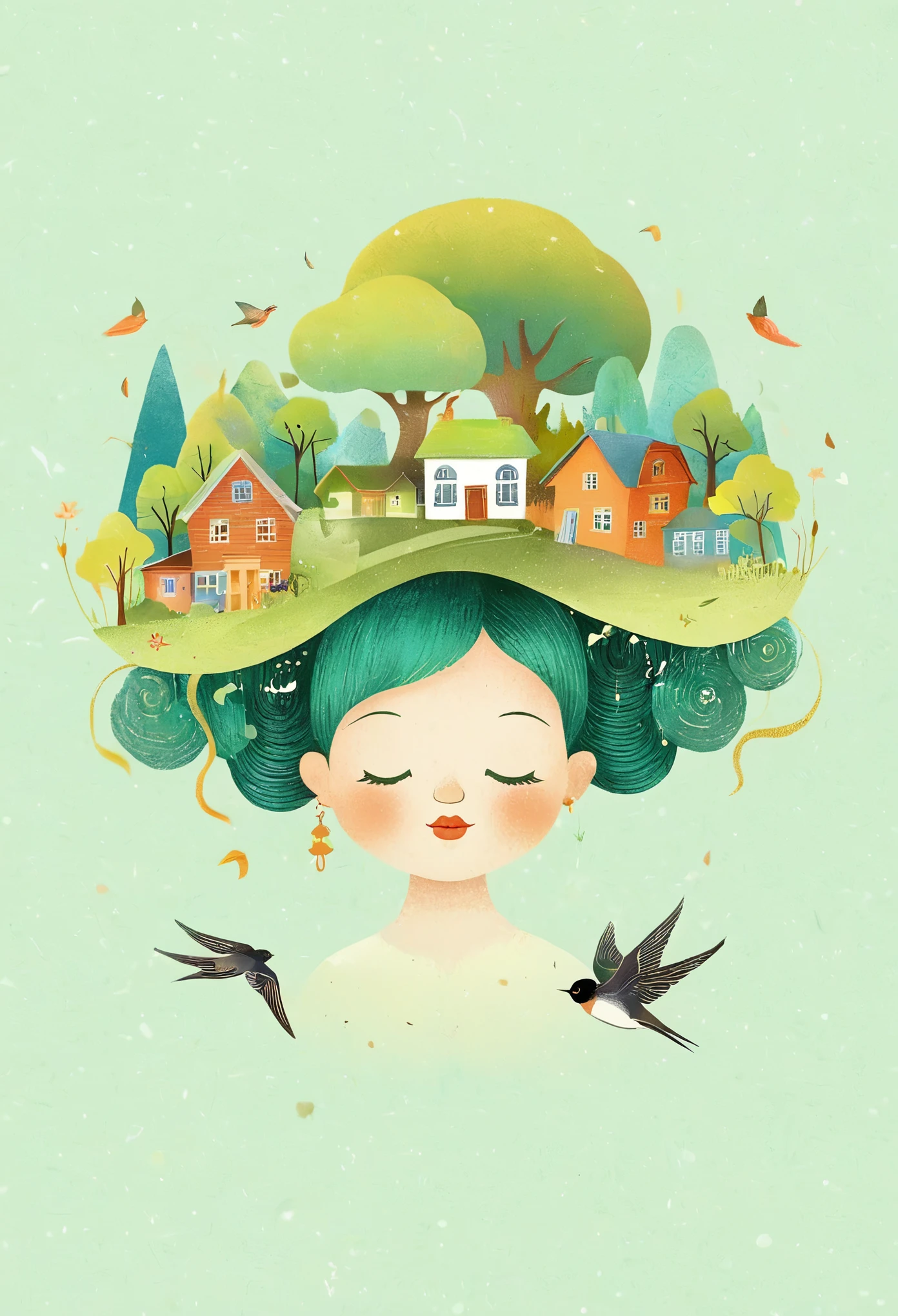 Digital illustration art (a comical illustration of a ***********'s head adorned with houses, trees, roots, swallows, etc.), with hair composed of houses, trees, roots, swallows, etc., and a background of green trees and hills, surrounded on both sides, evoking the charm of a charming rural landscape. The background blends with the ***********'s hair,
White background, the whimpering sound of Chinese calligraphy, vivid Ferdinand du Puigaudeau, Victor nizovtsev, retro tone, sparkling, glowing, reflective, best number, 8K, high-definition, high-resolution. Double exposure, illustrations, beautiful digital illustrations,