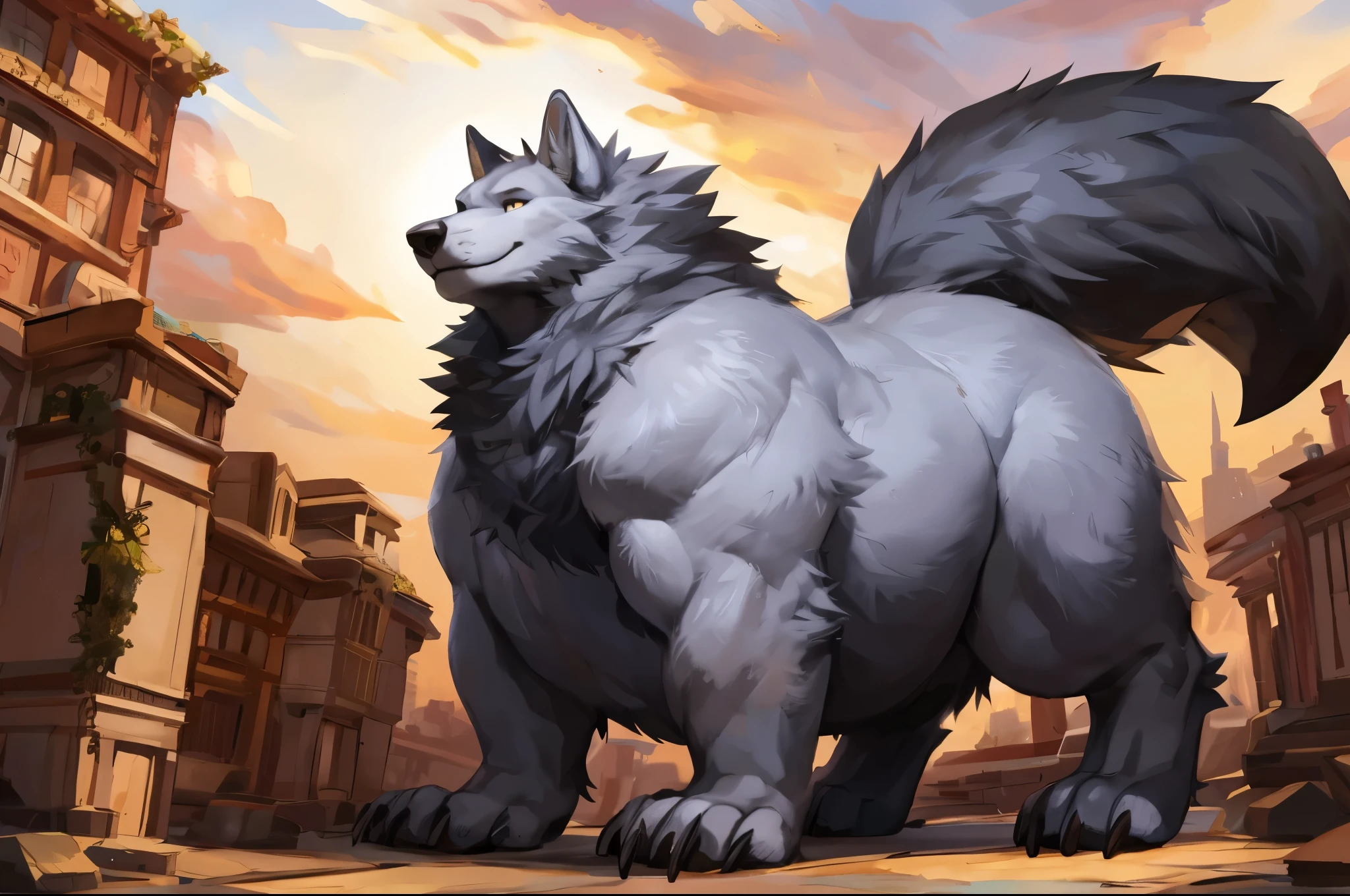 4k ultra quality, 4k full body view,(ultra high detailed body), wolf, detailed body,by mystikfox61, by glitter trap boy,feral paws, by bebebebebe,by Traver009, by seibear,(thick thigh),(chubby thigh),thicc thigh,thick legs,chubby legs,thicc legs,massive butt,enomorous thigh,massive thigh,massive legs,strong legs,thick lower legs,wide legs,(detailed thigh),(wide thigh),fluffy belly,furry belly,sharp nails,((sfw)),(ultra detailed face),detailed eyes,big tail,fluffy tail,(detailed tail),enomorous tail,bigger tail,huge tail,volumetric light,bigger taur body,big lower belly,big paws,(thick paws),fluffy paws,furry paws,enomorous paws,animal focus, beast,standing,(bigger lower body),strong lower body,macro,giga,master works, super fine, 4k resolution, high quality, movie lighting, high picture detail,dark fantasy,beast creature,illusory engine, Masterpiece,hyper belly,enomorous belly,muscle legs,long legs,facing the camera