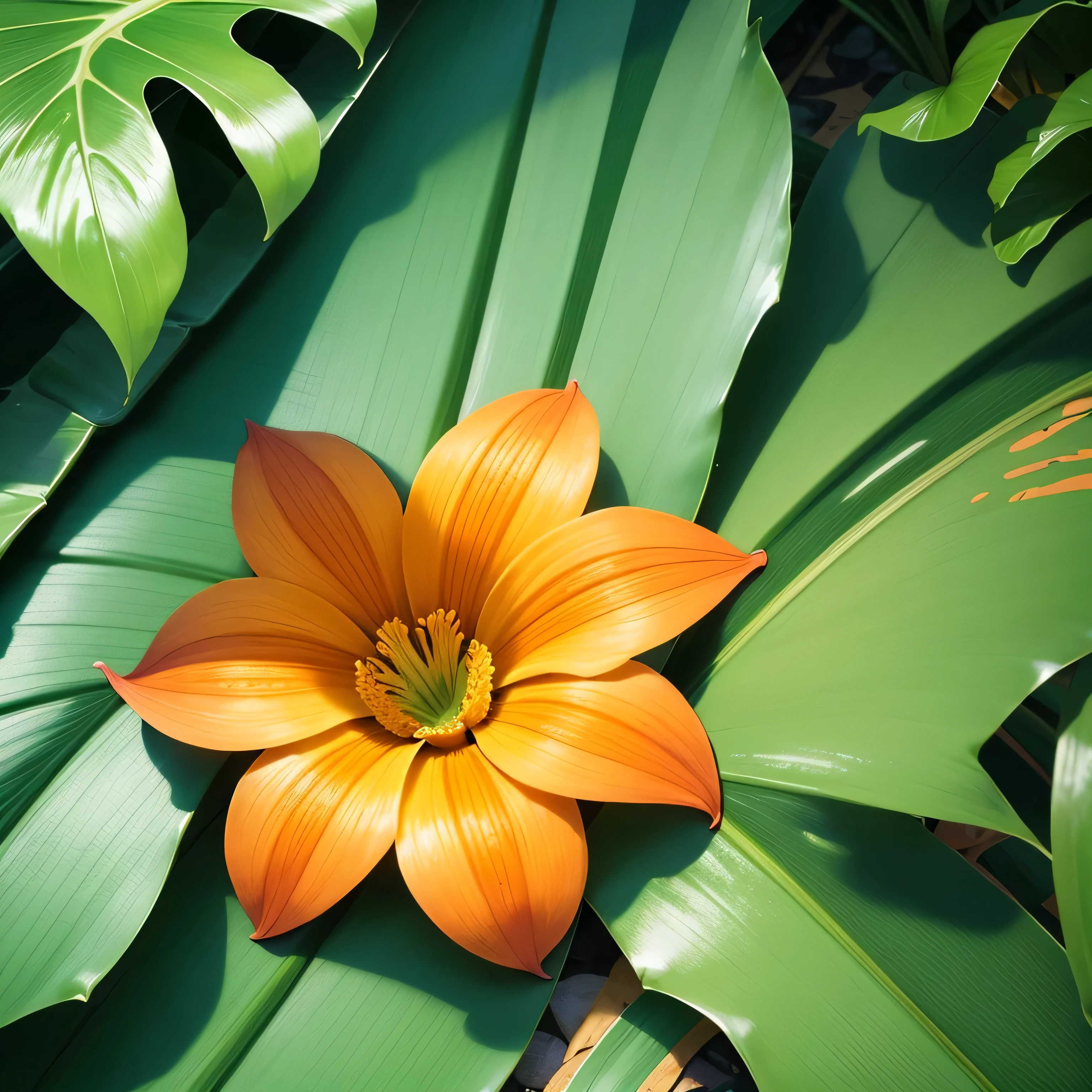 Hawaii flower, tropical taro leaf, palm leaf, decoration, ultra hd, cyan and orange color, wallpaper
