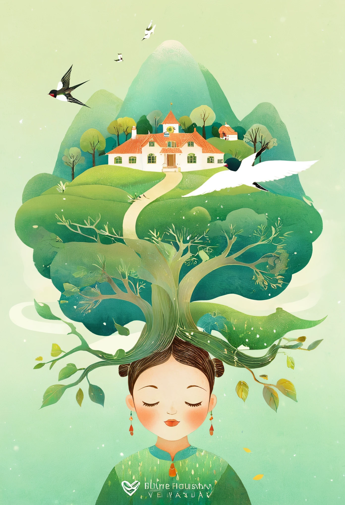 Digital Illustration Art, (Whimsical illustration of a ***********'s head adorned with houses, trees, roots, swallows) with green trees and hills in the background, flanking, evoking the charm of a charming countryside landscape. The background blends with the ***********'s hair and radiates serenity, creating a harmonious composition that captures the beauty of nature, white background, Chinese calligraphy whin brush lines, vivid Ferdinand du Puigaudeau, Victor nizovtsev, vintage tones, shimmering, luminescent, reflections, best number, 8K, HD, High Resolution.double exposure，illustration，Beautiful digital illustration, 