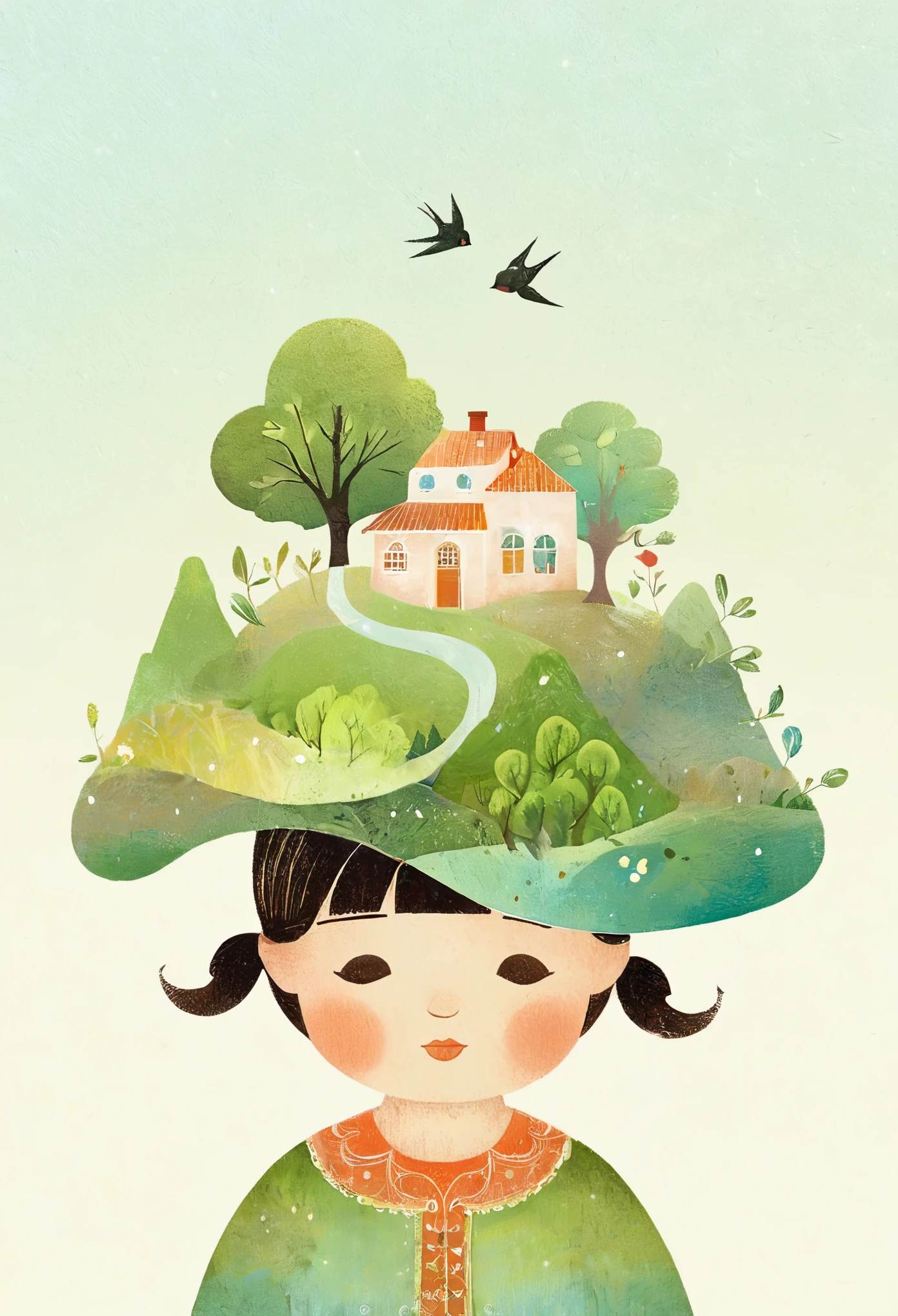 Digital Illustration Art, (Whimsical illustration of a ***********'s head adorned with houses, trees, roots, swallows) with green trees and hills in the background, flanking, evoking the charm of a charming countryside landscape. The background blends with the ***********'s hair and radiates serenity, creating a harmonious composition that captures the beauty of nature, white background, Chinese calligraphy whin brush lines, vivid Ferdinand du Puigaudeau, Victor nizovtsev, vintage tones, shimmering, luminescent, reflections, best number, 8K, HD, High Resolution.double exposure，illustration，Beautiful digital illustration, 