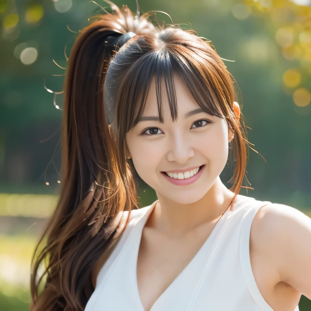 sleeveless, ponytail, japanese girl, 8K, (full body shot), highest quality, masterpiece, realistic, Photorealistic super detail, one girl, cute, best smile, beautiful eyes, long hair, perfect face,full body shot