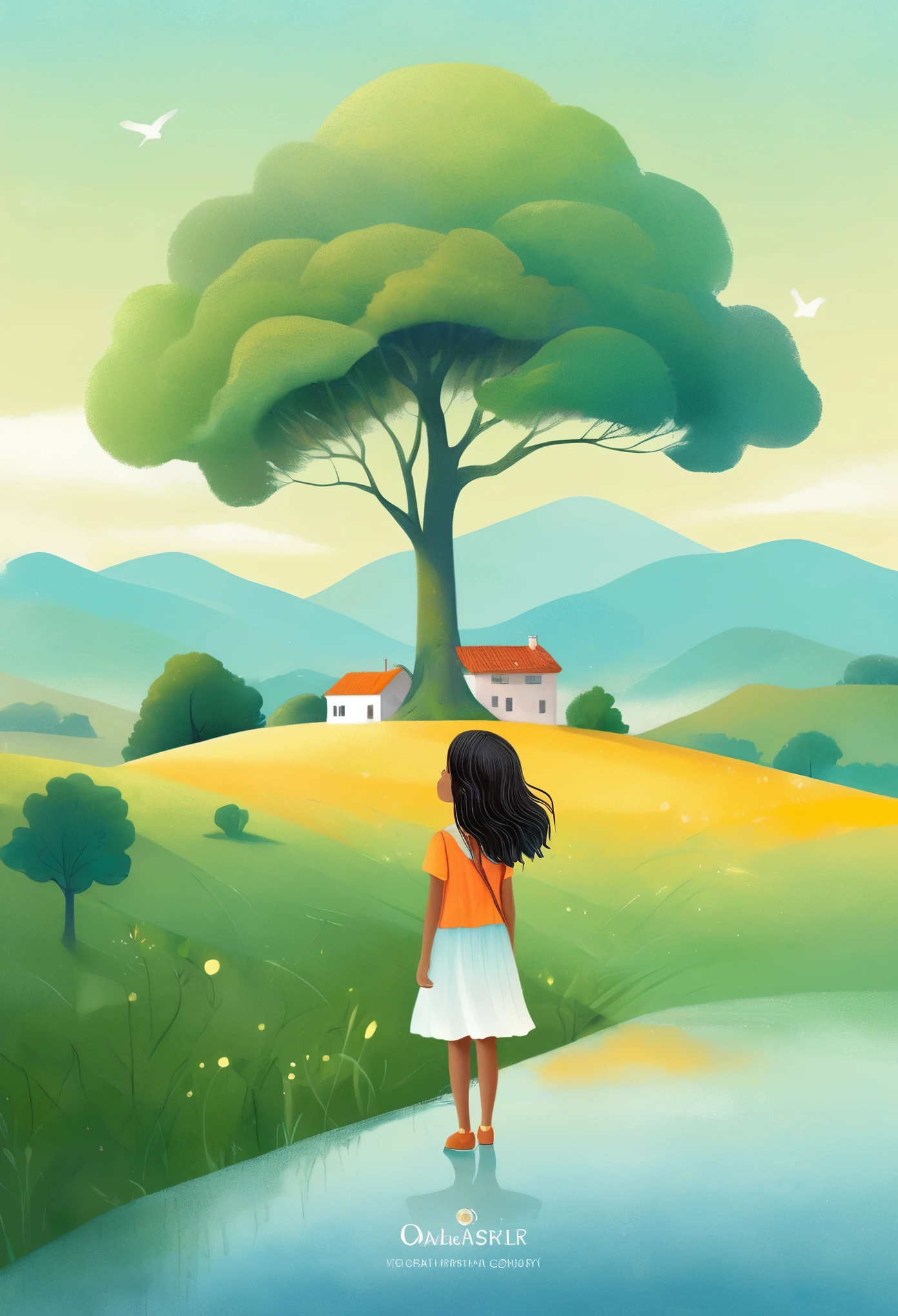 Digital Illustration Art, ( Girl's Hair is Whimsically Illustrated with Houses, Trees, Roots, Swallows Adorned), (Side Headshot), Background of Green Trees and Hills, Side by Side, Evoking the Charm of a Charming Rural Landscape. The background blends with the littles hair and radiates serenity, creating a harmonious composition that captures the beauty of nature, white background, Chinese calligraphy whin brush lines, vivid Ferdinand du Puigaudeau, Victor nizovtsev, vintage tones, shimmering, luminescent, reflections, best number, 8K, HD, High Resolution. Double Exposure,Illustration,Beautiful Digital Illustration,.