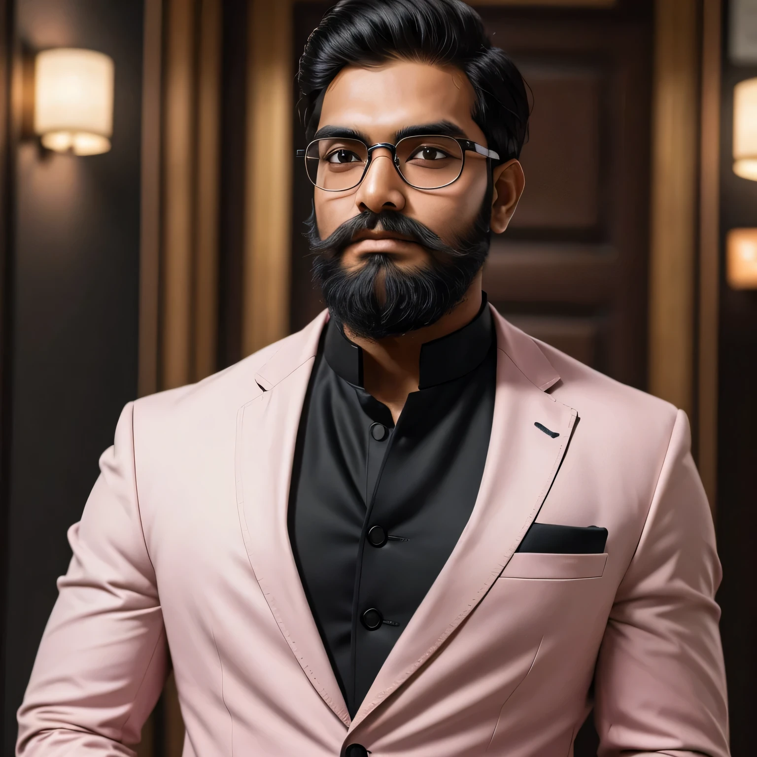 Indian man, round face, mastishk thick beard glasses wearing black blazer and baby pink shirt colour, photo style profile, high quality details resolution ultra hd,