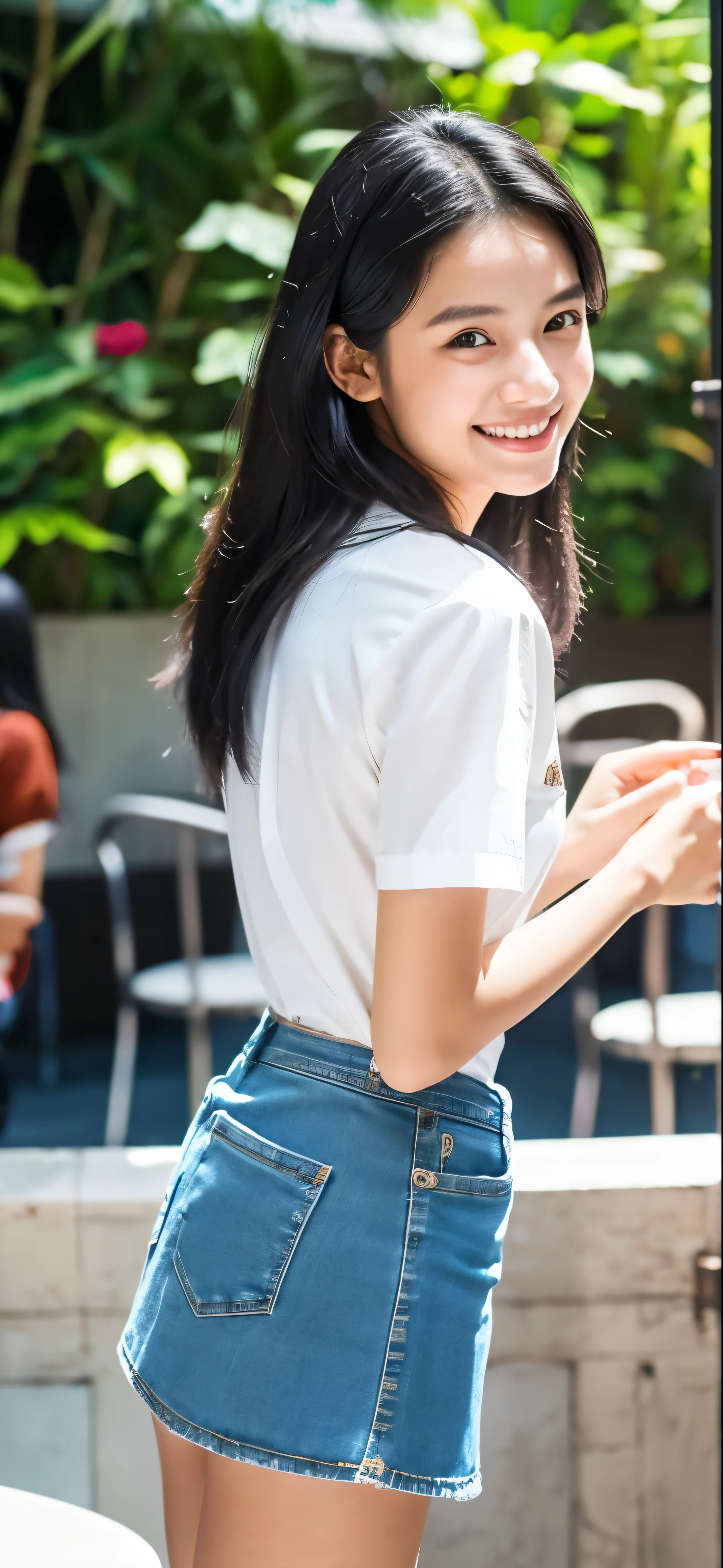 1 girl, indonesian girl, 23 years old, (black hair semi-long)(beautiful hair), actress, smile, shiny skin, best quality, masterpiece, (photorealistic:1.4), terrace seating, asian, indonesian, jakarta, denim mini skirt (realistic fabric), white short sleeves (cotton fabric), (no logo), thin fingers