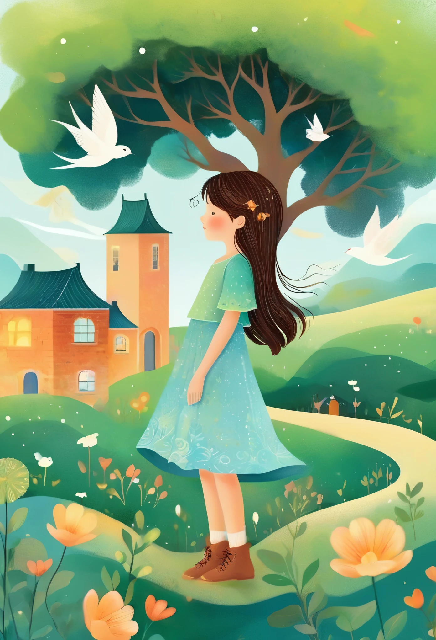 Digital Illustration Art, (***********'s Hair is Whimsically Illustrated with Houses, Trees, Roots, Swallows Adorned), (Side Headshot), Background of Green Trees and Hills, Side by Side, Evoking the Charm of a Charming Rural Landscape. The background blends with the ***********'s hair and radiates serenity, creating a harmonious composition that captures the beauty of nature, white background, Chinese calligraphy whin brush lines, vivid Ferdinand du Puigaudeau, Victor nizovtsev, vintage tones, shimmering, luminescent, reflections, best number, 8K, HD, High Resolution. Double Exposure,Illustration,Beautiful Digital Illustration,.