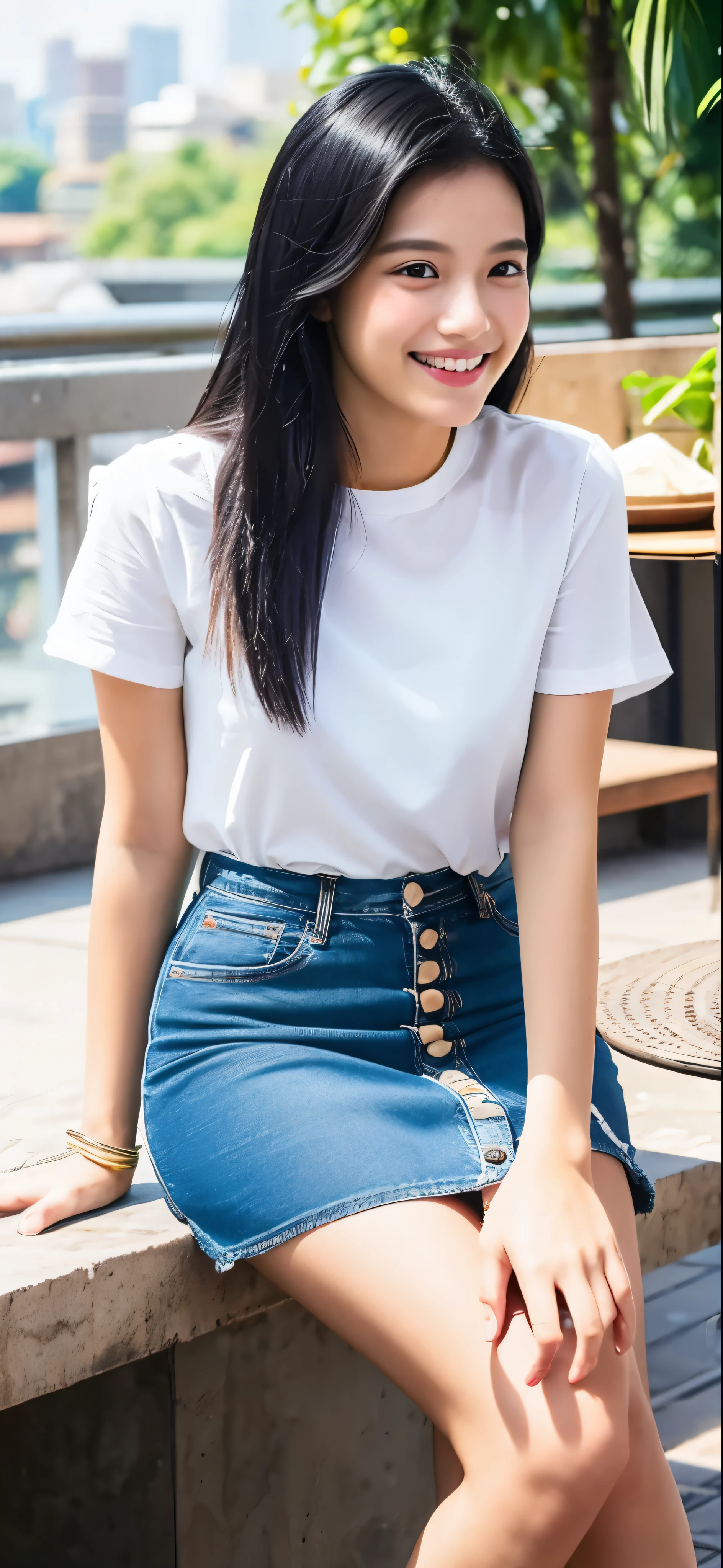 1 girl, indonesian girl, 23 years old, (black hair semi-long)(beautiful hair), actress, smile, shiny skin, best quality, masterpiece, (photorealistic:1.4), terrace seating, asian, indonesian, jakarta, denim mini skirt (realistic fabric), white short sleeves (cotton fabric), (no logo), thin fingers