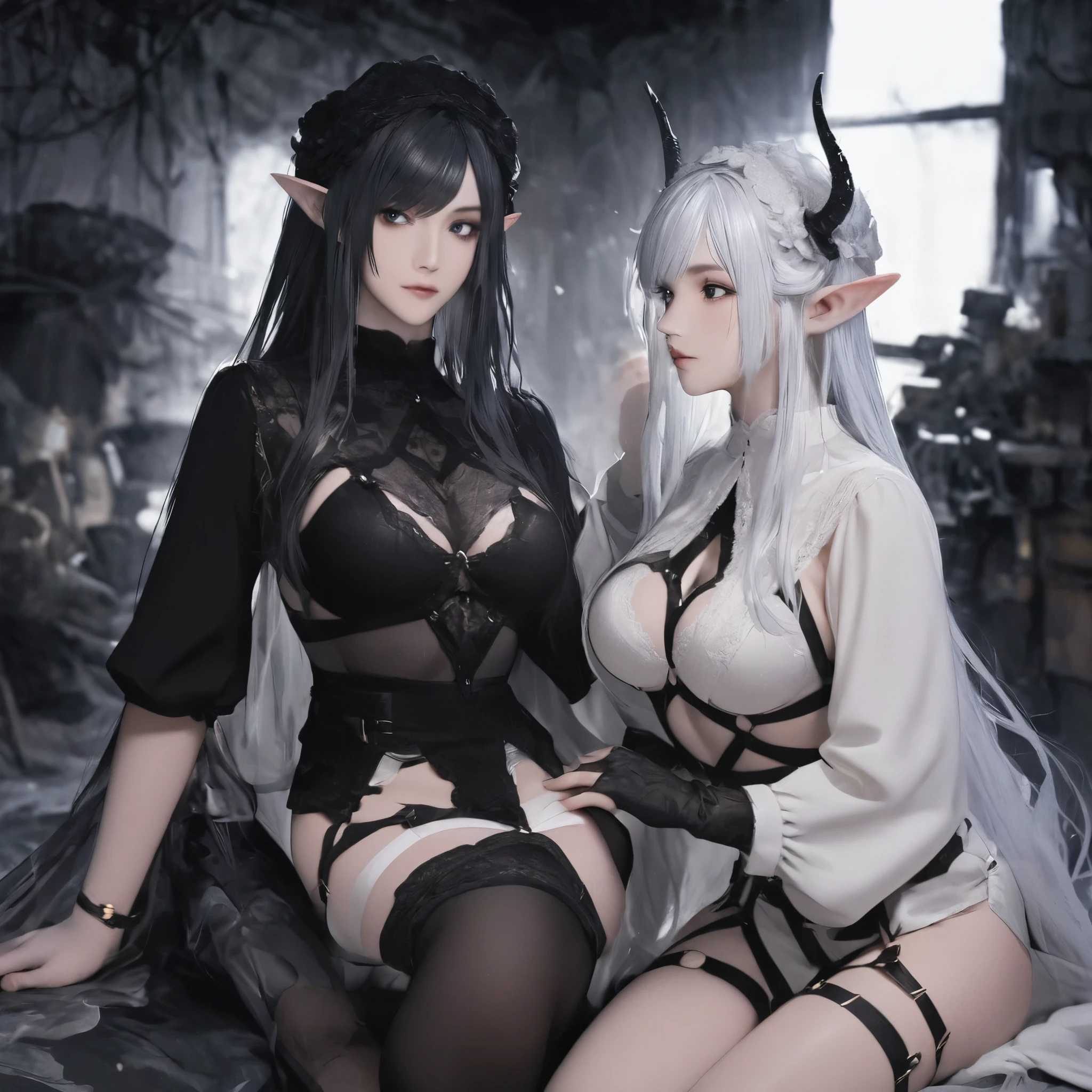 Dark Elf, 2girl ,black clothes,white clothes, black hair, white hair, dark elf,
