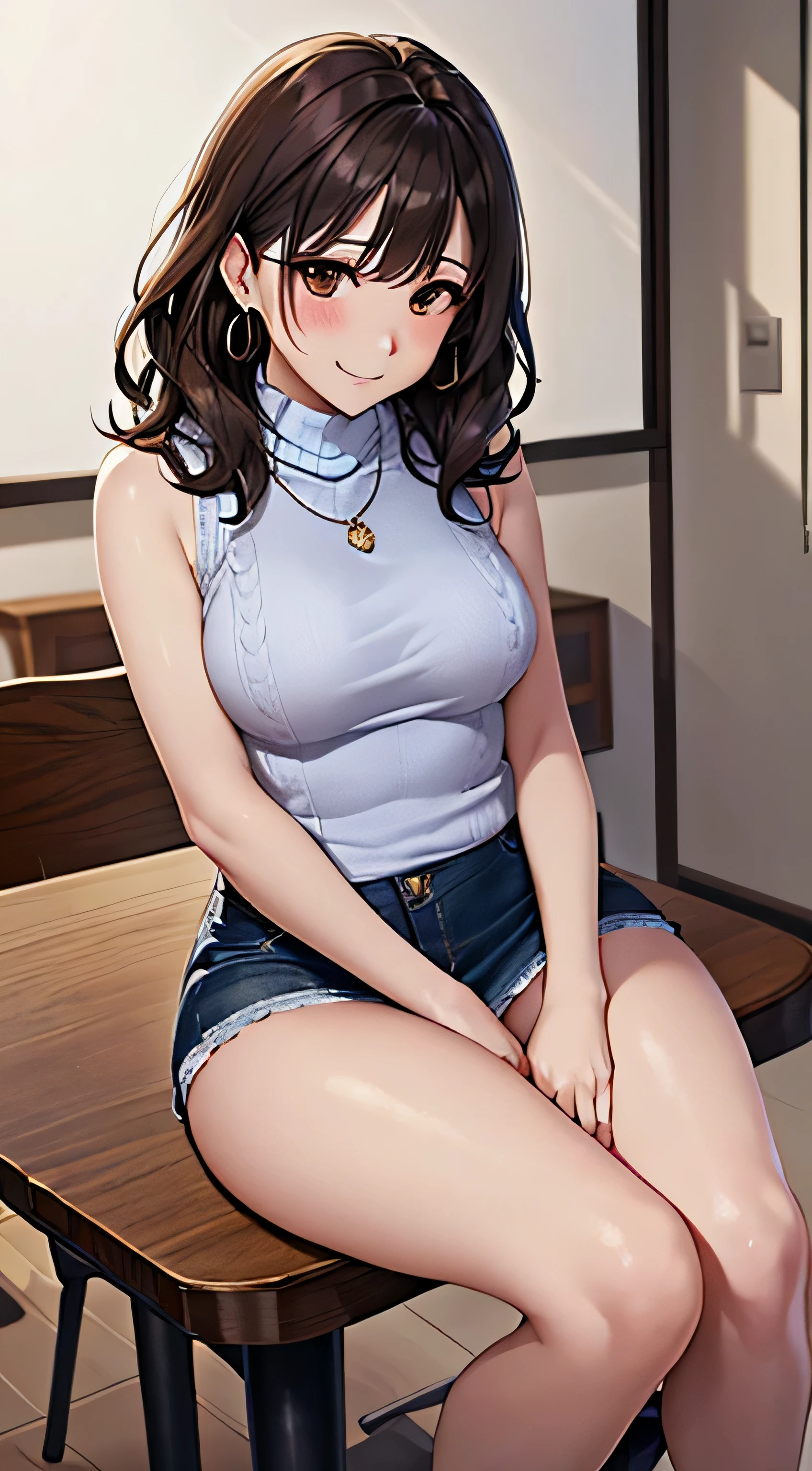 (table top, highest quality, High resolution, , perfect pixel, 4k,), 1 girl, single, alone, Beautiful woman、I could see the whole body、 ((wavy mid-length hair, bangs, brown hair)), ((brown eyes, beautiful eyelashes, realistic eyes)), ((detailed face, blush:1.2)), ((smooth texture:0.75, realistic texture:0.65, realistic:1.1, Anime CG style)), medium breasts, dynamic angle, perfect body, ((, female teacher, , earrings、necklace、Sleeveless Turtleneck Sweater、、black knee high stockings、((open both legs wide、open both knees))、Tight denim skirt、shy smile、Sitting at the pulpit、emphasize the chest)), 、、、evening、、(You can see the blue and white lace panties、、(、)、)、