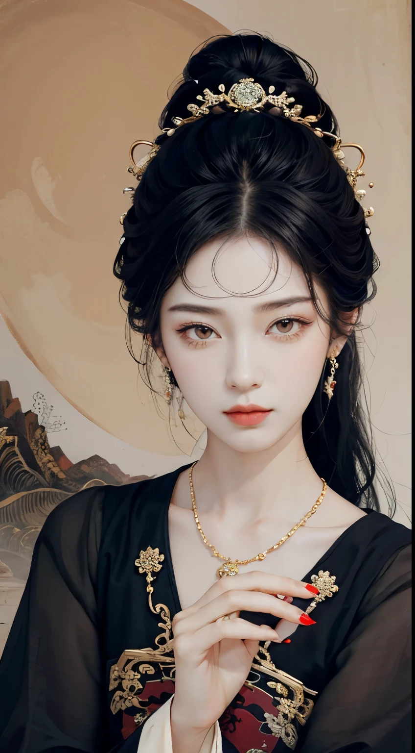 Black_hair, 1 girl, closure_Eye, long_hair, nail_polishing, alone, jewelry,Art, Chinese,