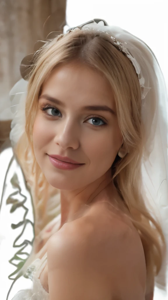 Beautiful girl wearing a hat with a veil and flowers, smiling, blonde, 14 years old, completely naked, --(no underwear), --((no panties):1.5), --(no bra), --(no clothes), perfect hips, relaxed pose, luxury interior, rococo style, baroque style, gothic style, professional photo, 35mm lens, f/1.6, 24k, realistic, high resolution, high detail