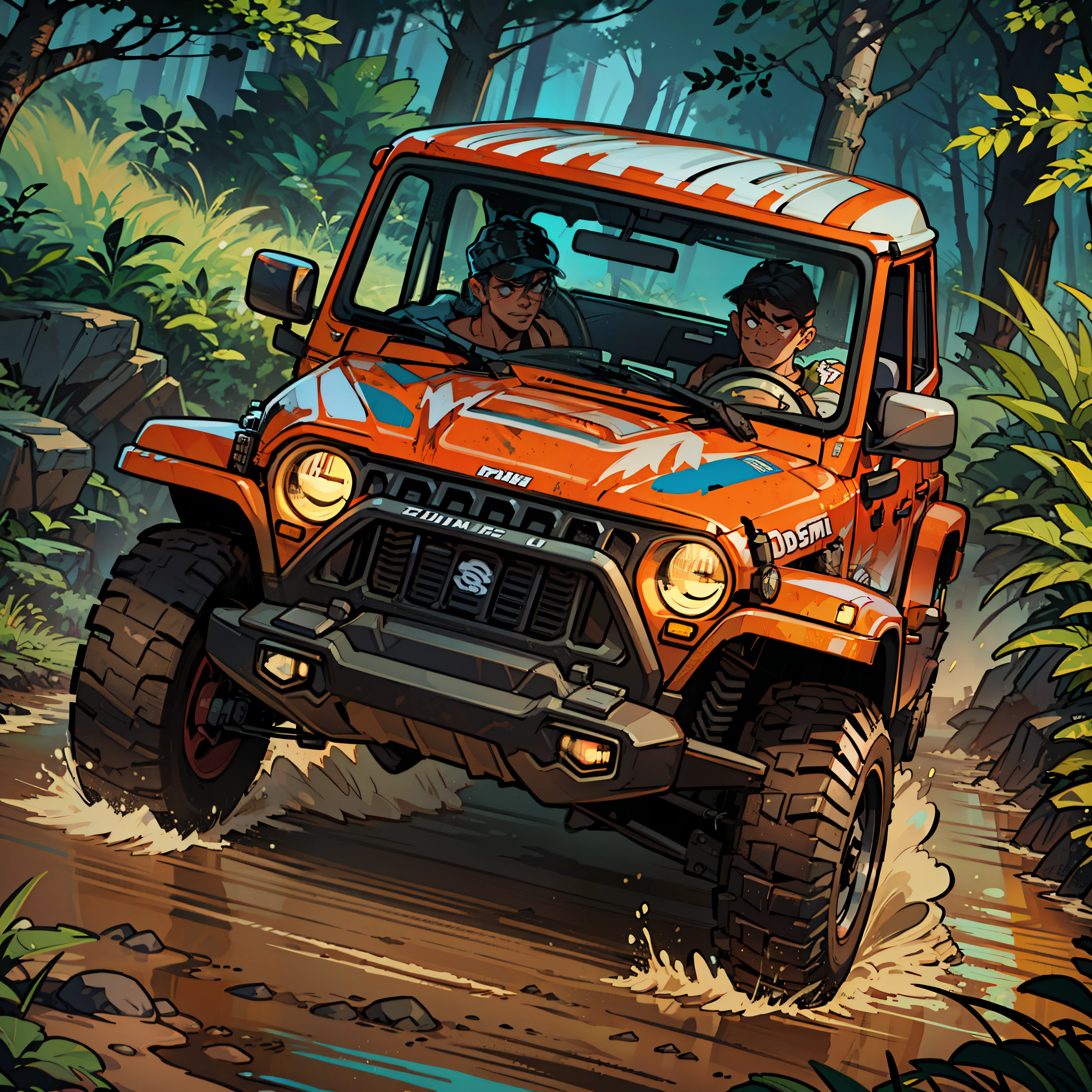 best quality,Comic style 1.5: Offroad Racing Jeep,Across the muddy path。The lines are rough。logo style。thick line,vector。