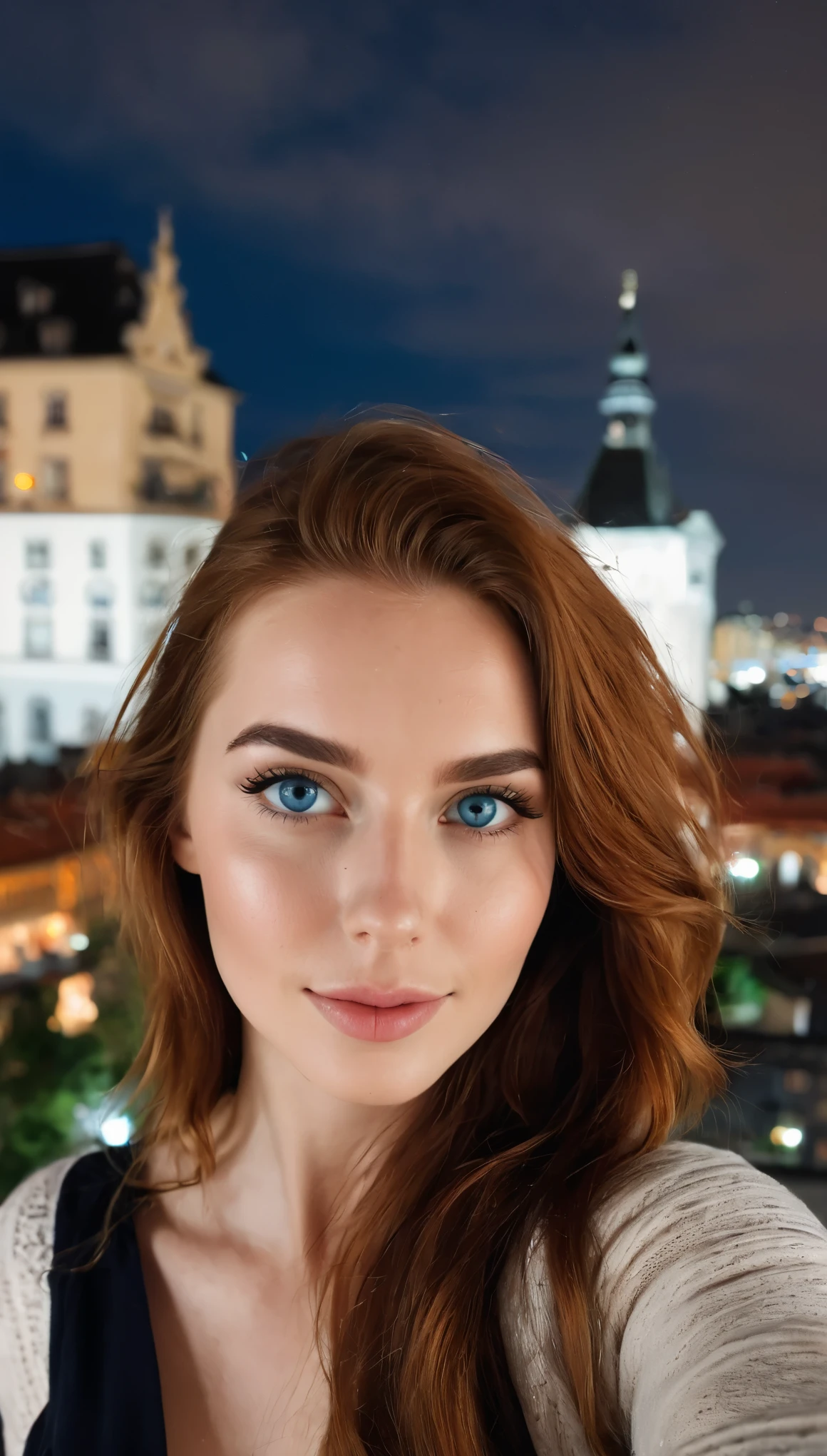 Spontaneous selfie of a beautiful 25 year old woman (kein Make-up), natural face, blaue Augen, lange rote Haare, blasse Haut, Perfect natural skin, strukturierte Haut, Kurven, perfekte Figur, big  (Cup size C). She&#39;s wearing a comfortable one, kuscheliges Outfit. Sie steht auf dem Balkon und macht ein Selfie, sie blickt direkt in die Kamera. Es ist Nachts, dunkel (Ambientebeleuchtung). Upper body shot, RAW-Foto, high resolution, satte Farben, filmische Beleuchtung, Filmkorn, Fotorealistisch, lange Belichtungszeit, Large aperture, kleine Brennweite.