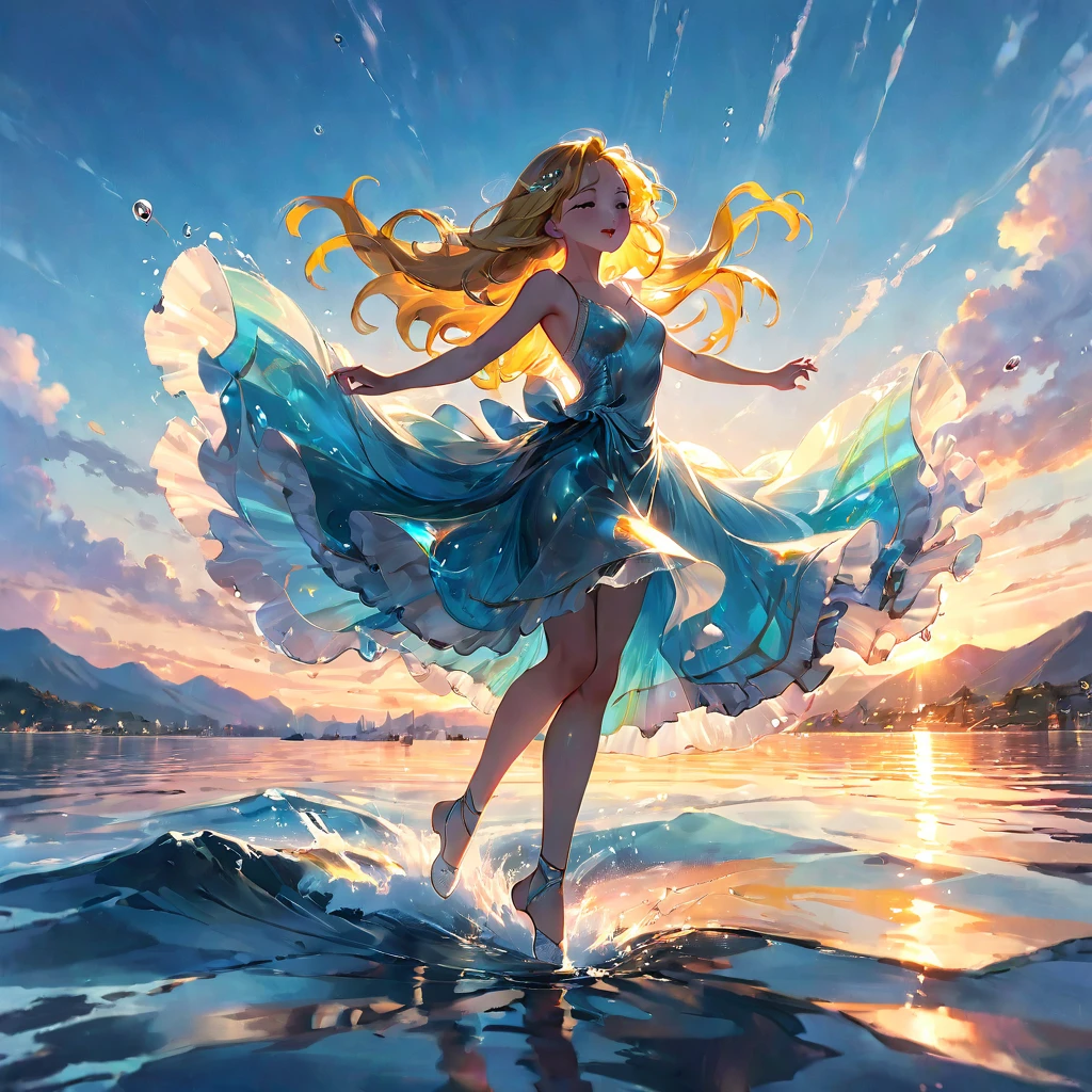People Dancing on the Sea Surface, aesthetic, extremely detailed, (best quality,4k,8k,highres,masterpiece:1.2),ultra-detailed,(realistic,photorealistic,photo-realistic:1.37), dancing on the sea surface, colorful, aesthetic, surreal, vibrant, graceful movement, heavenly atmosphere, Jim Burns, Daniel Gerhartz, Trending on ArtStation, ocean waves, sunset backdrop, energetic tempo, professional lighting and shadows, floating dresses, flowing hair, mesmerizing choreography, artistic interpretation, dynamic poses, soft golden light, dynamic brushstrokes, ethereal ambiance, sparkling water, expressive emotions, lively music, magical evening scene, joyous celebration, captivating performance