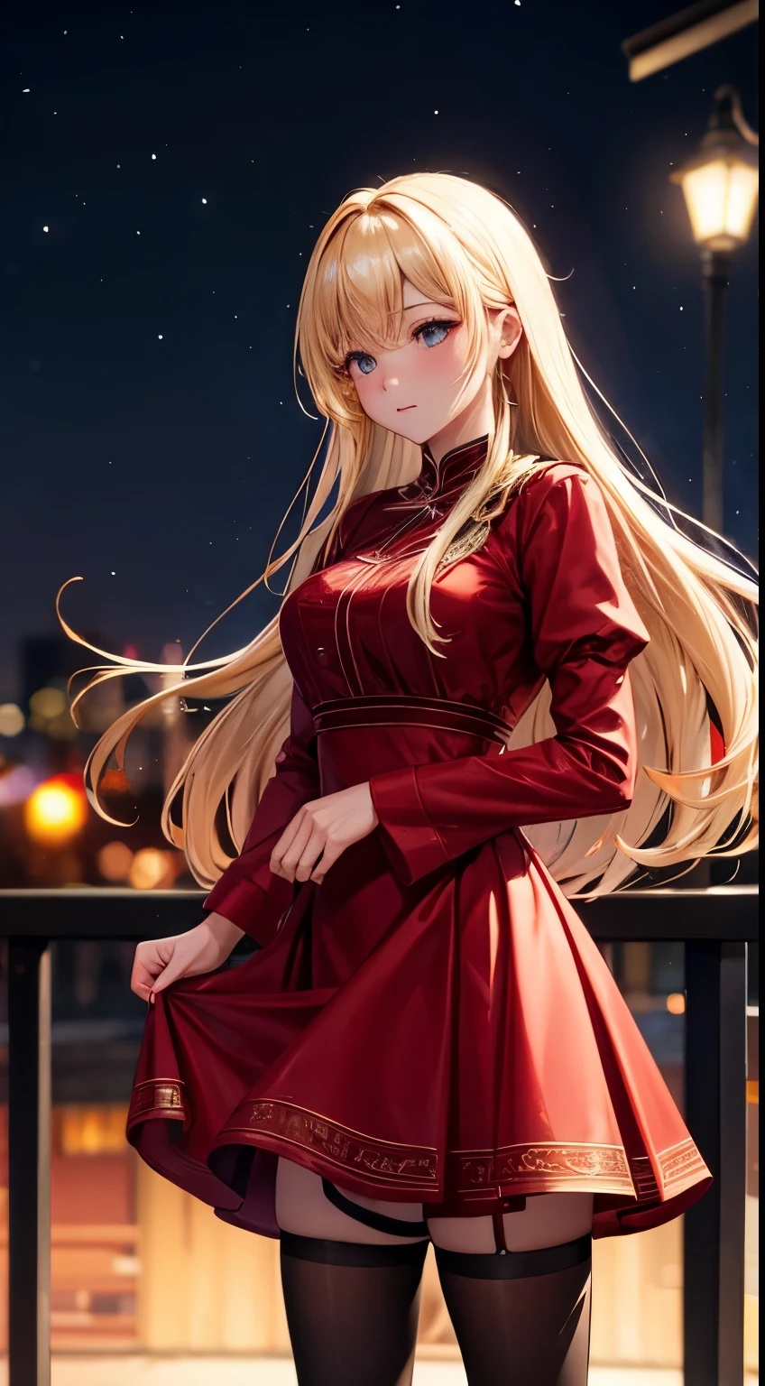 Full HD, Super detailed, high quality, master likes it, Bokeh, woman, 30 years, stockings, red midi dress, compensate, night, moonlight,sorrow, Lens flare,long hair,blonde
