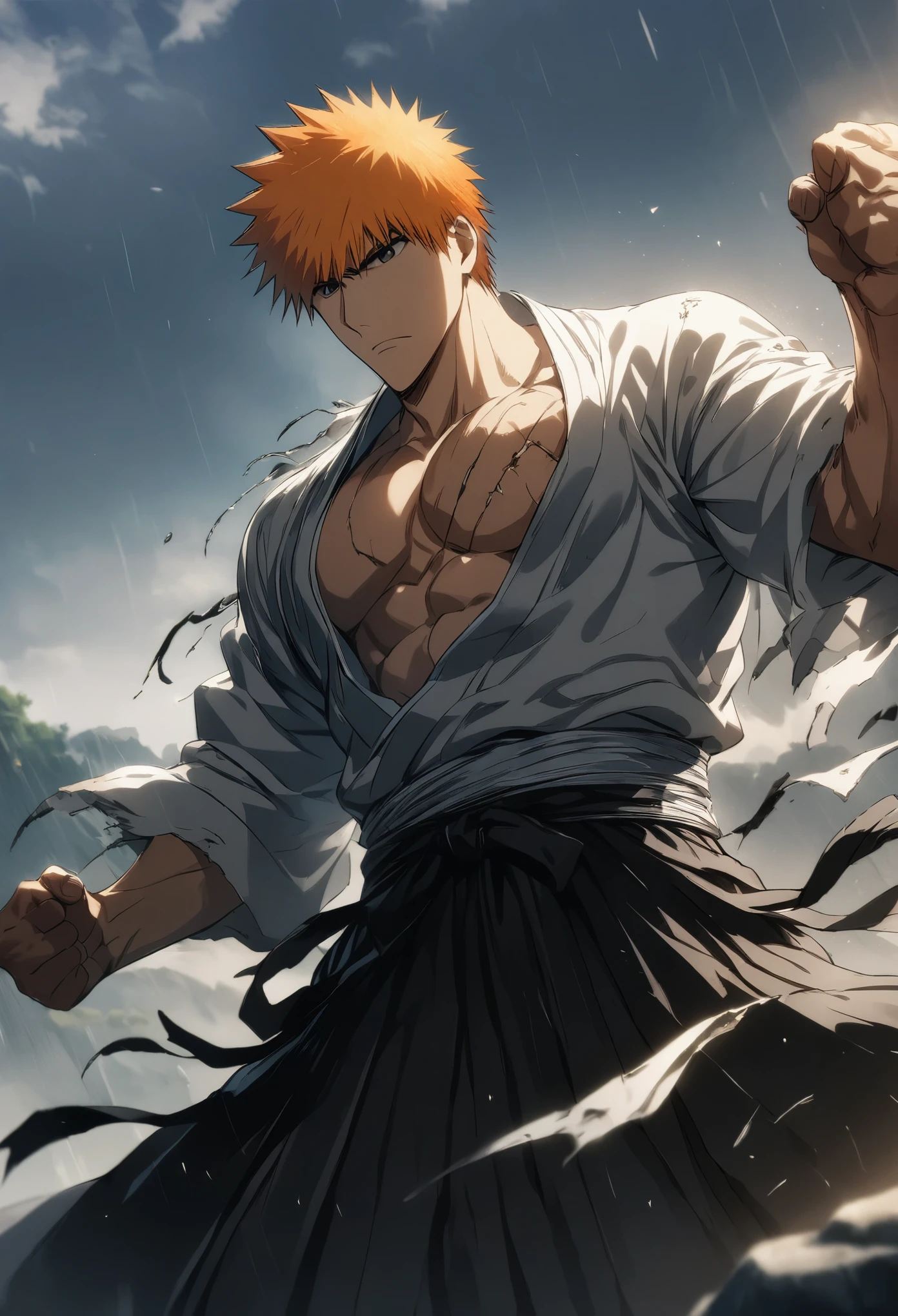 1ch1kur0, 1boy, male focus, muscular, pectorals, kurosaki ichigo, white kimono, black hakama, standing high up on a rock, fighting stance, cowboy shot ((centered)), outdoors, sunshine, pectoralasterpiece, (best quality), (ultra-detailed), very aesthetic, illustration, perfect composition, intricate details, dutch angle, low angle shot,