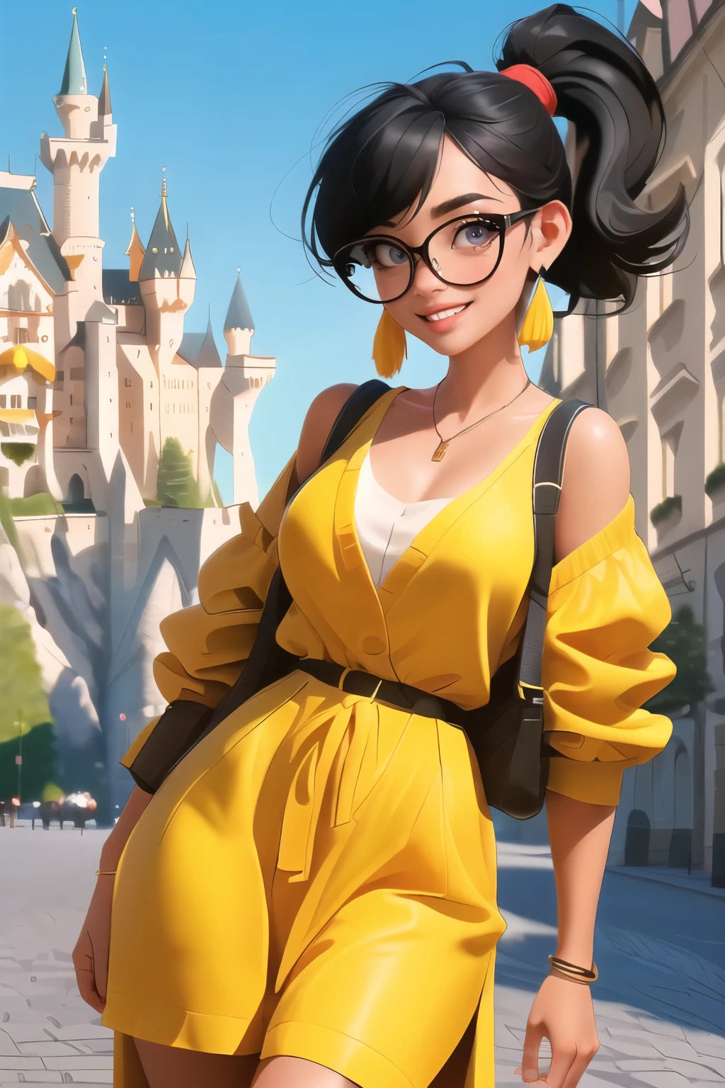 ((wide angle shot)) Beautiful female tourist, black hair tied in a ponytail, bangs, wearing large glasses, smiling corner of the mouth, ((wearing a street style outfit )) morning light, Neuschwanstein Castle, Germany