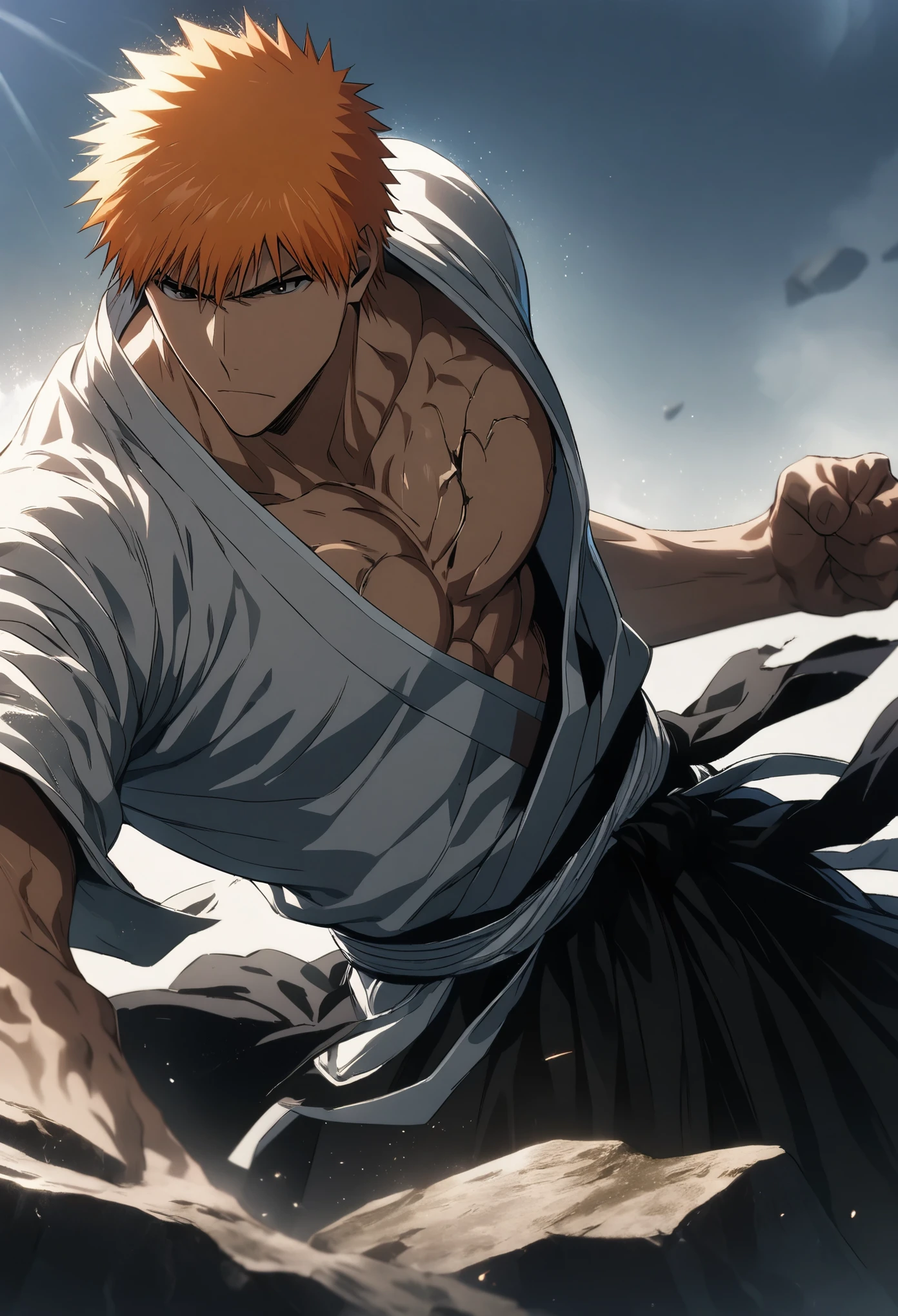 1ch1kur0, 1boy, male focus, muscular, pectorals, kurosaki ichigo, white kimono, black hakama, standing high up on a rock, fighting stance, cowboy shot ((centered)), outdoors, sunshine, pectoralasterpiece, (best quality), (ultra-detailed), very aesthetic, illustration, perfect composition, intricate details, dutch angle, low angle shot,