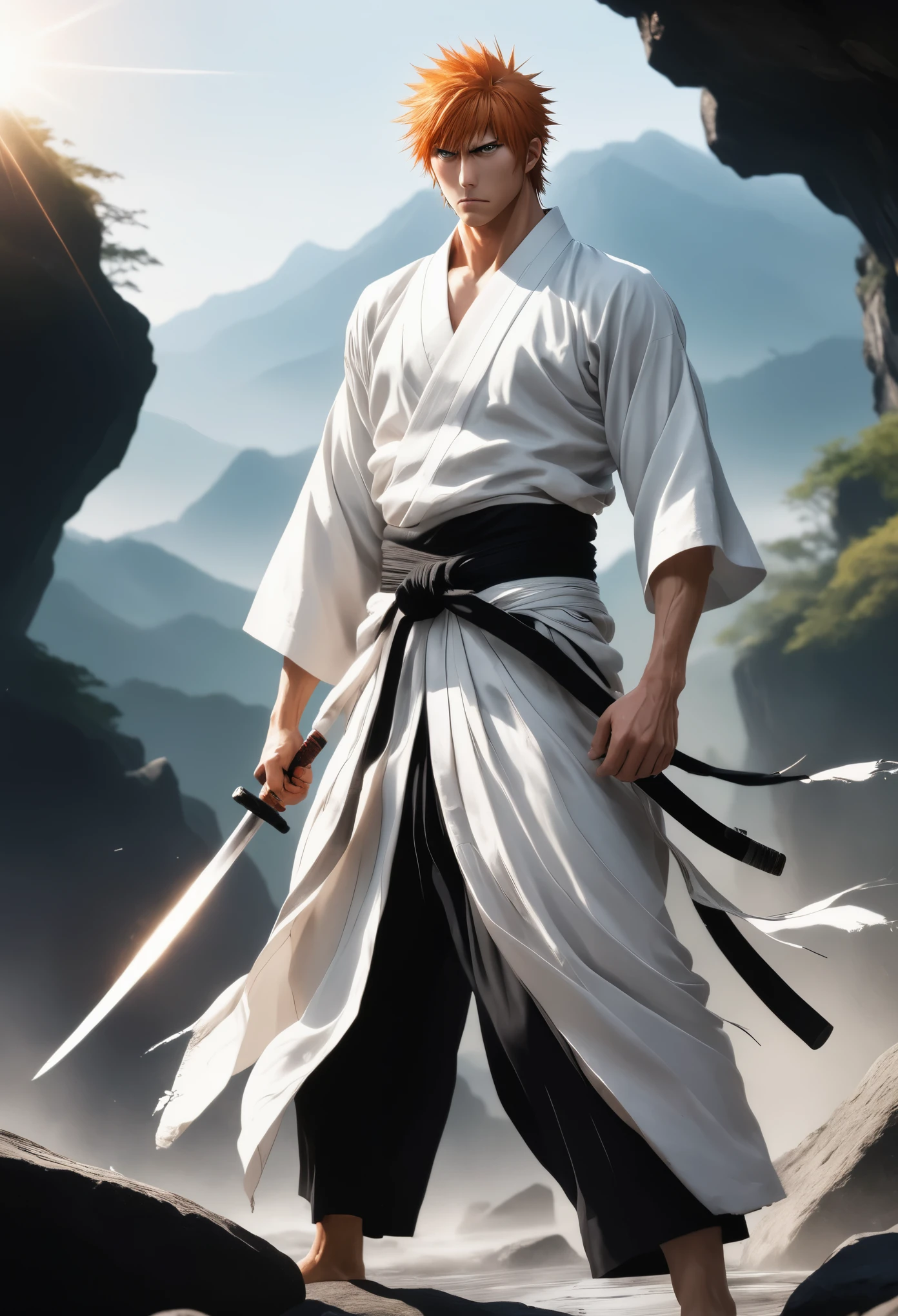 1boy, male focus, muscular, pectorals, kurosaki ichigo, white kimono (open kimono, pectoralasterpiece:1.4), ((black hakama:1.3)), (sword (holding sword:1.2), standing high up on a rock, (fighting stance:1.2), full body ((centered)), barefoot, outdoors, sunshine ((screen flare: 1.2)), (best quality), (ultra-detailed), very aesthetic, illustration, disheveled hair, perfect composition, intricate details, ((dutch angle:1.3)), low angle shot, 