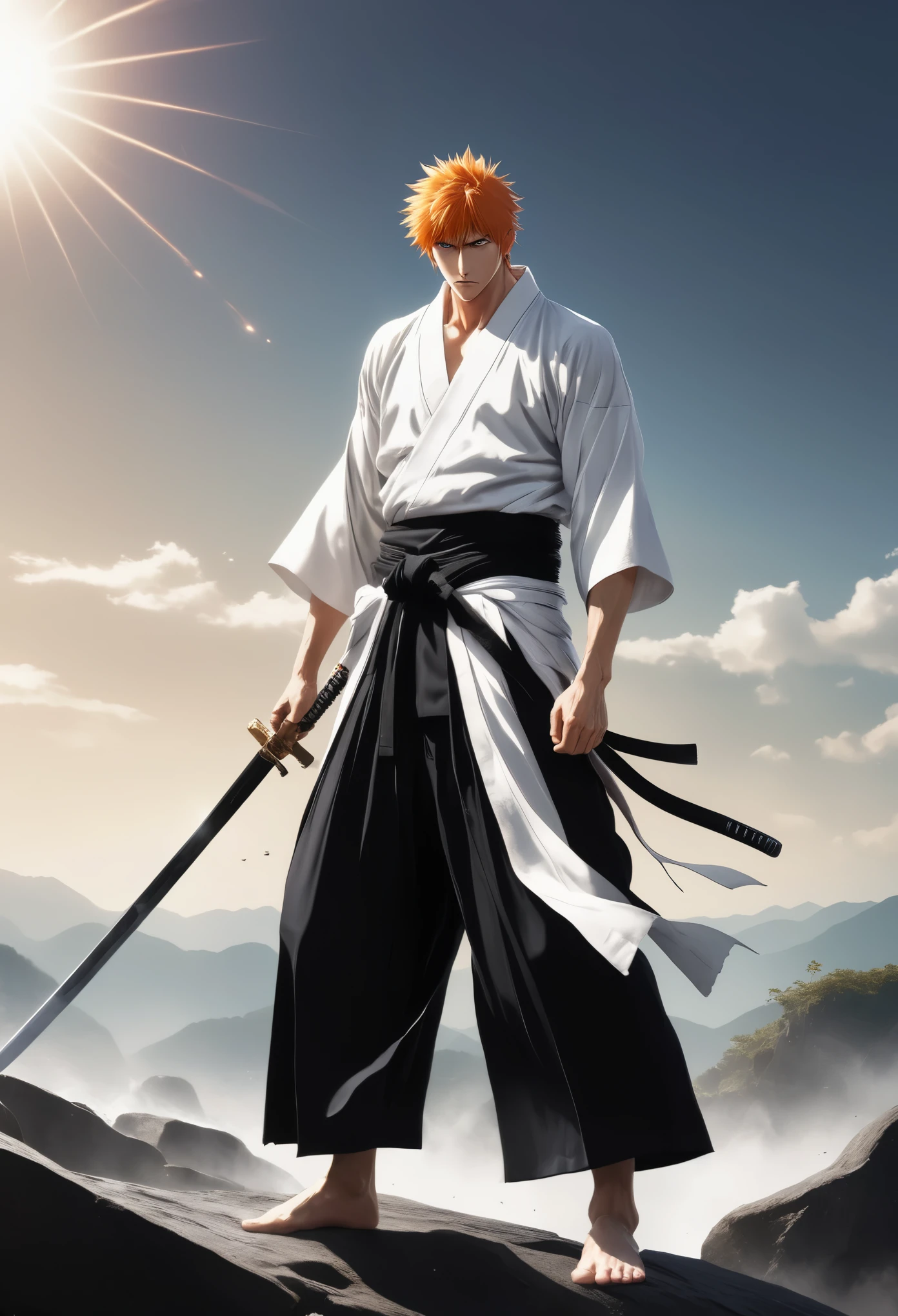 1boy, male focus, muscular, pectorals, kurosaki ichigo, white kimono (open kimono, pectoralasterpiece:1.4), ((black hakama:1.3)), (sword (holding sword:1.2), standing high up on a rock, (fighting stance:1.2), full body ((centered)), barefoot, outdoors, sunshine ((screen flare: 1.2)), (best quality), (ultra-detailed), very aesthetic, illustration, disheveled hair, perfect composition, intricate details, ((dutch angle:1.3)), low angle shot, 