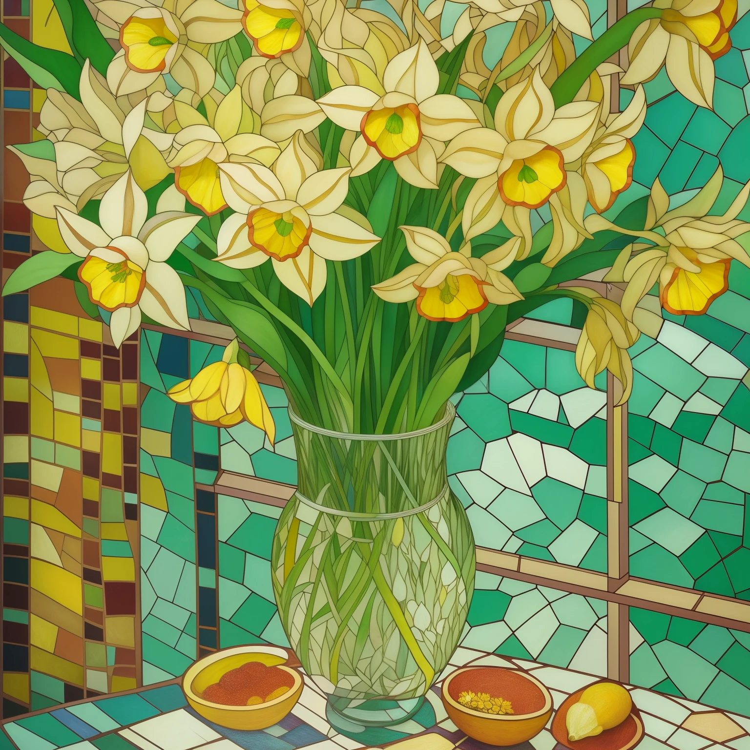 painting of a vase of yellow flowers on a table with a window, maxim verehin stained glass, daffodils, inspired by Louis Comfort Tiffany, oil painting in a modern style, by Meredith Dillman, stained glass art, by Echo Chernik, in style of van gogh, inspired by Janet Fish, inspired by Mikhail Vrubel, inspired by Vincent Di Fate