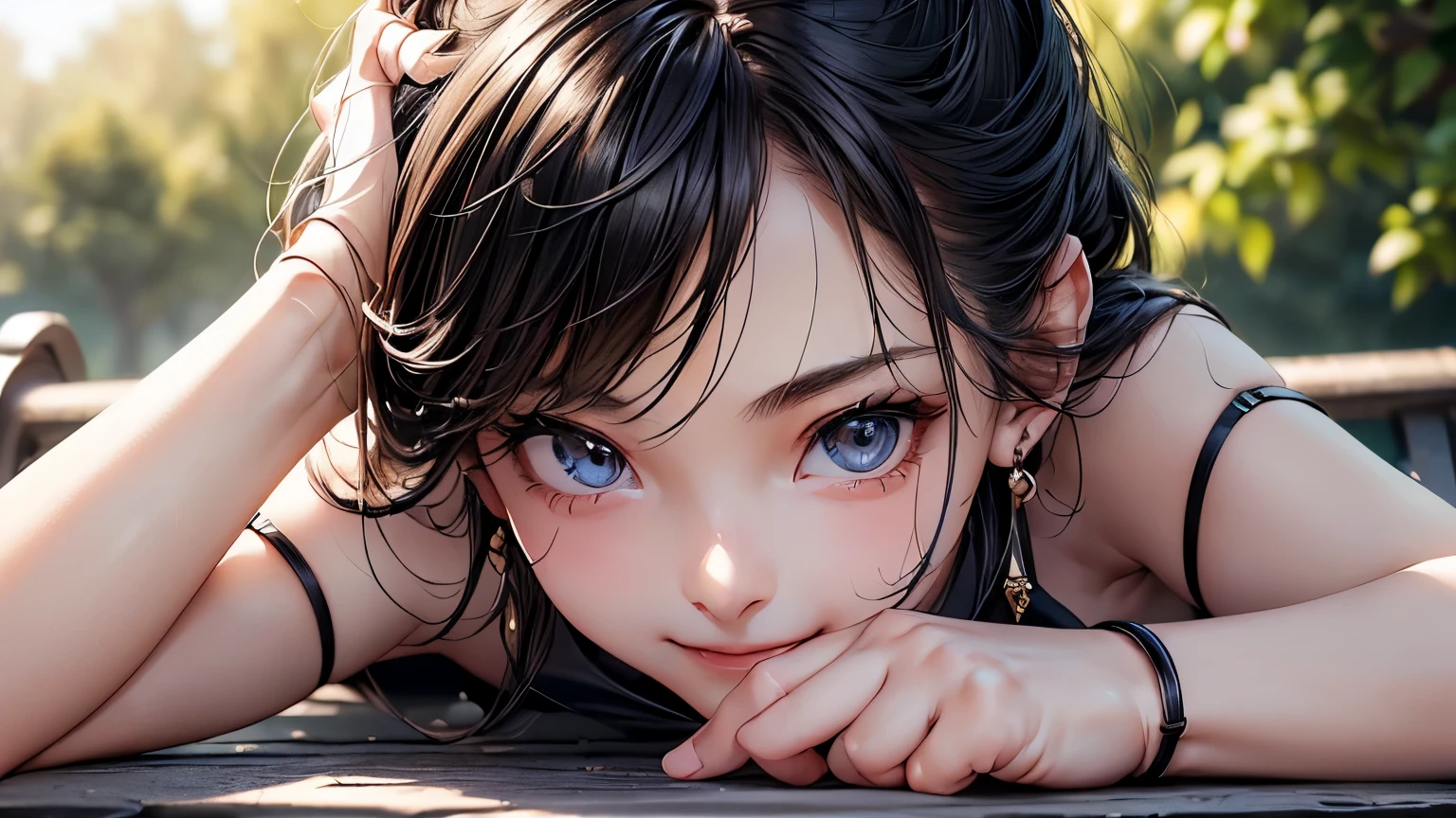 ((Biologically correct number of limbs))、(( Photo including face))、4K、masterpiece、((focus on the face))、((Symmetrical facial features))、Eyes of minute description、Beautiful woman、outstanding style、beautiful clavicle、beautiful legs、slender body、(small ass、thin thighs)、(black garter stockings、high heels)、Detailed depiction of faces、small earrings、necklace、Low - Angle、(Upper body shirt、lower body skirt)、Lying on a park bench、close up of face、lighting to the face、smile、5real finger
