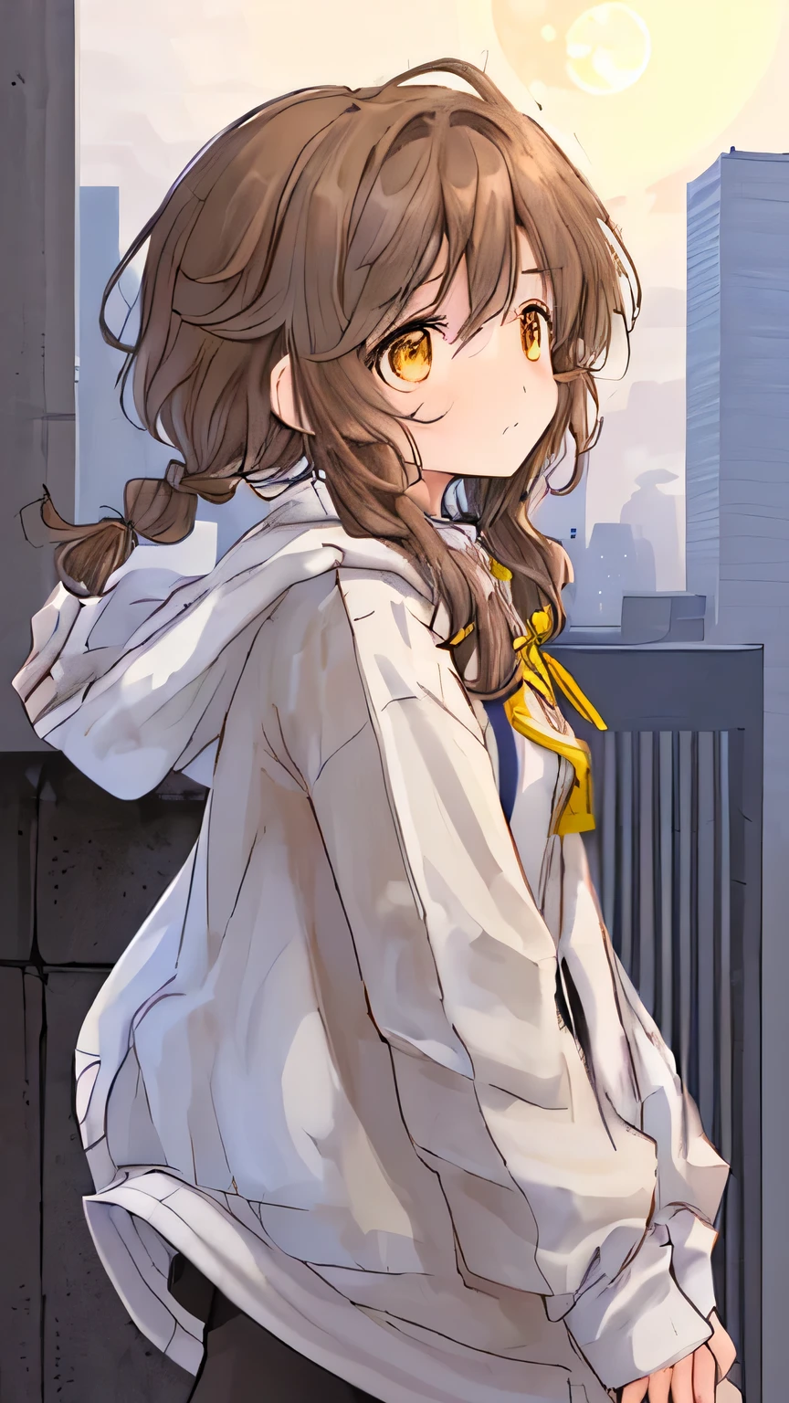((brown hair)),((braided short hair)),((brown eyes)),((Pigtails)),((With bangs)),((Night when the moon shines),((Skyscrapers illuminated by moonlight)),(stand on the roof of a building),((Hair and clothes swaying in the wind)),((white down coat)),(Yellow and navy hooded long sleeve clothing),(black cargo pants),((profile)),((lines of sight are parallel)),(perspective from above),(facing the direction of tomorrow),((No expression)),(an unlovable face),