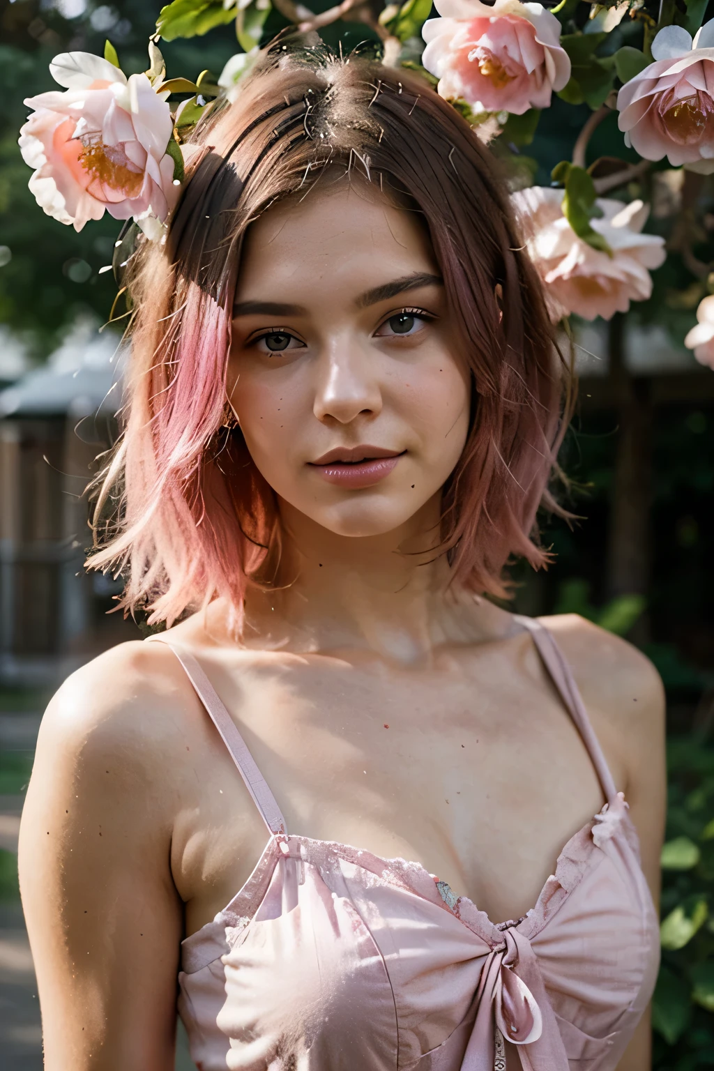 photography of a 20yo woman, perfect face, detailed, masterpiece, pink hair, wearing Pretty summer dress, aranging flowers
