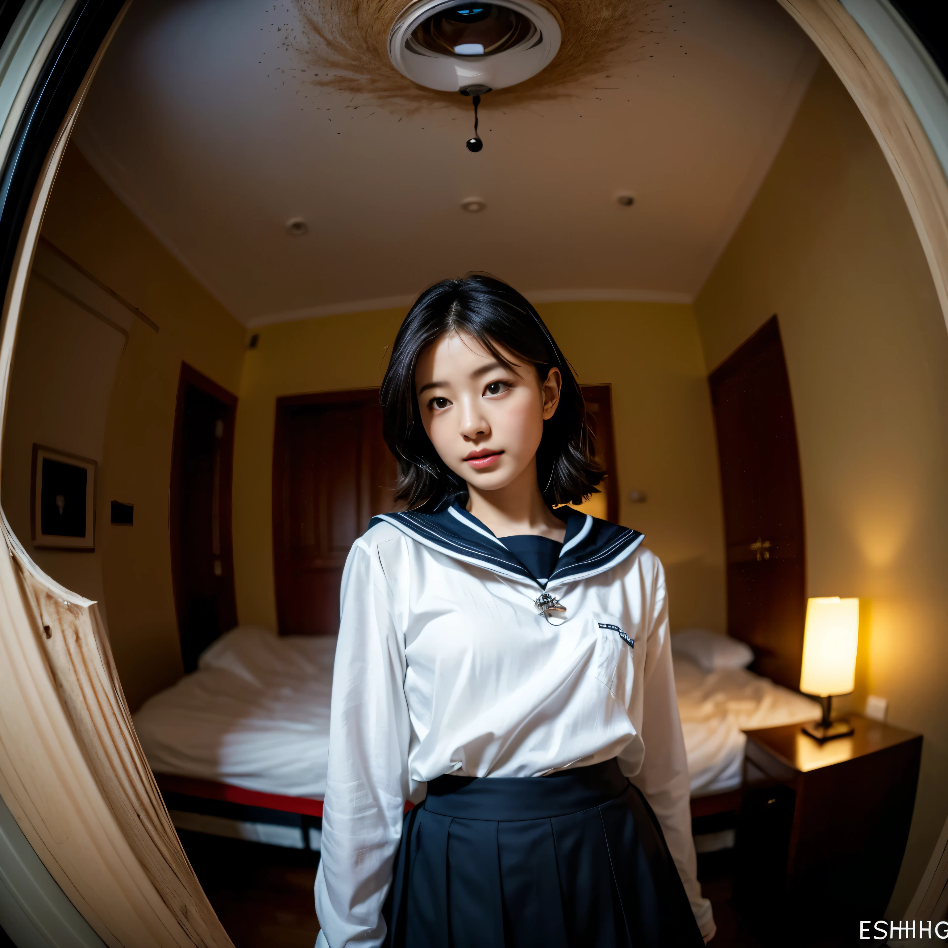 (Sailor suits and skirts:1.4)(geisha-like girl,) (wearing fishnet tights,) (with medium length haircut,) (in a dimly lit room) (There is only a single bed,) (do something revealing about yourself,) (At night,) (Photographed through a fisheye lens:1.75) (highest quality, High resolution, realistic:1.2) (Super detailed, bright colors:1.4) (Painting-like rendering, No additional details about the room) (erotic, enchanting atmosphere:1.55)

